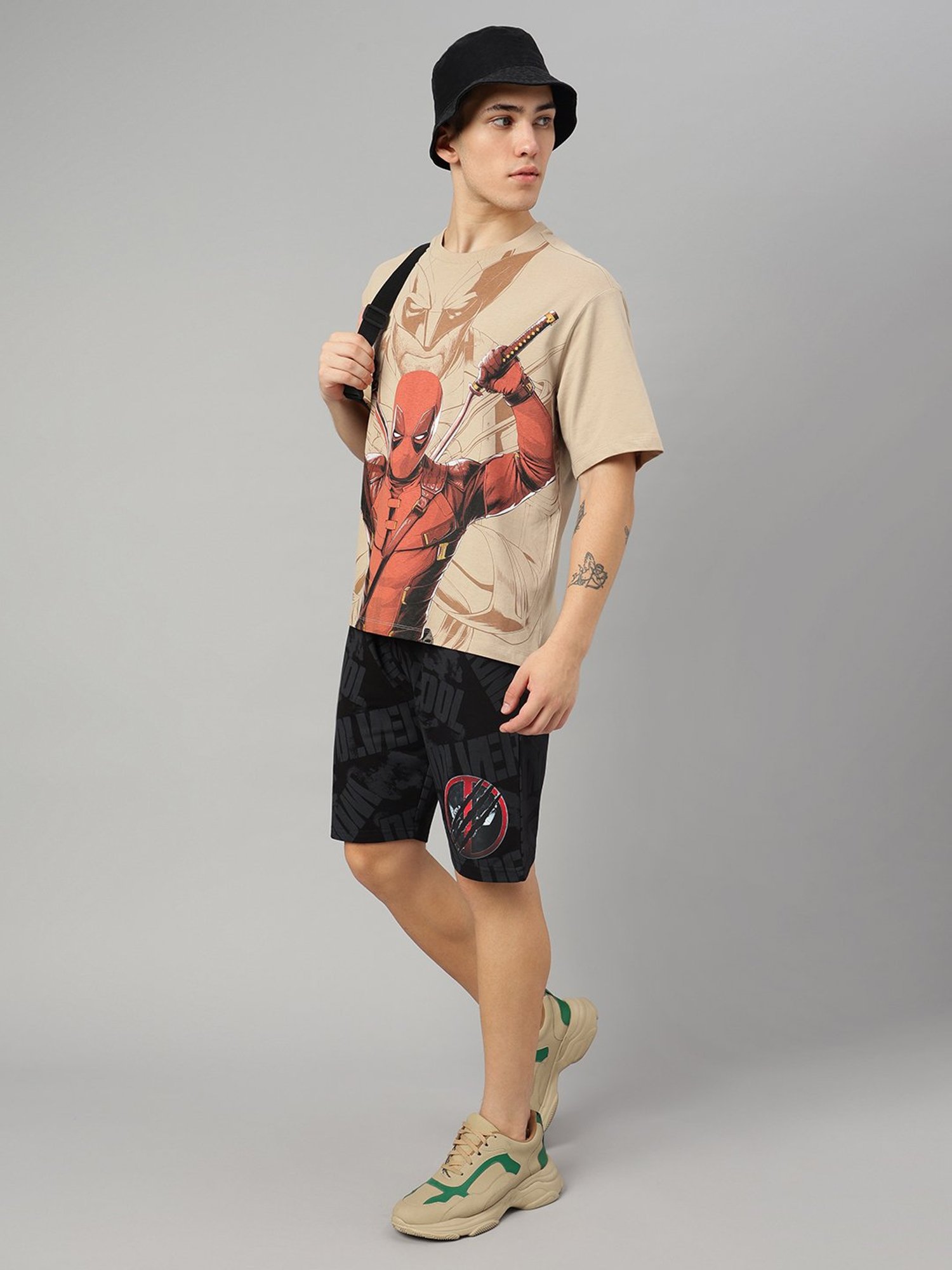 Free Authority Beige Loose Fit Deadpool Print T-Shirt