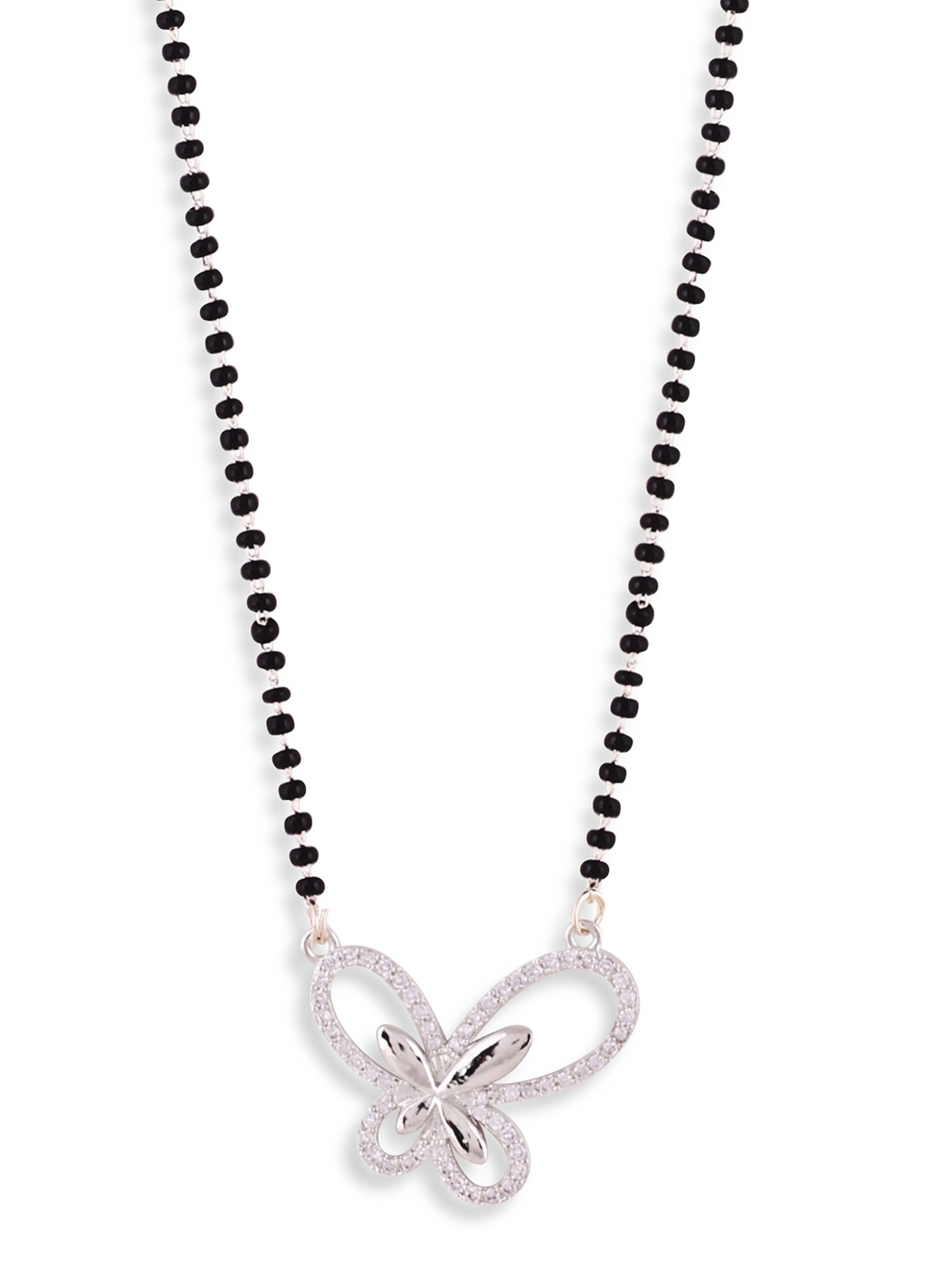 Abdesigns Silver-Plated Black Beaded American Diamond Mangalsutra