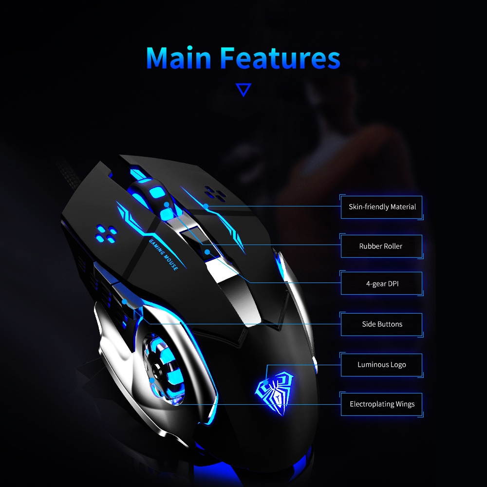 AULA S20 USB Wired Gaming Mouse Programmable 2400DPI Optical Ergonomic Mouse with 4-color Breathing Light for PC Laptop White