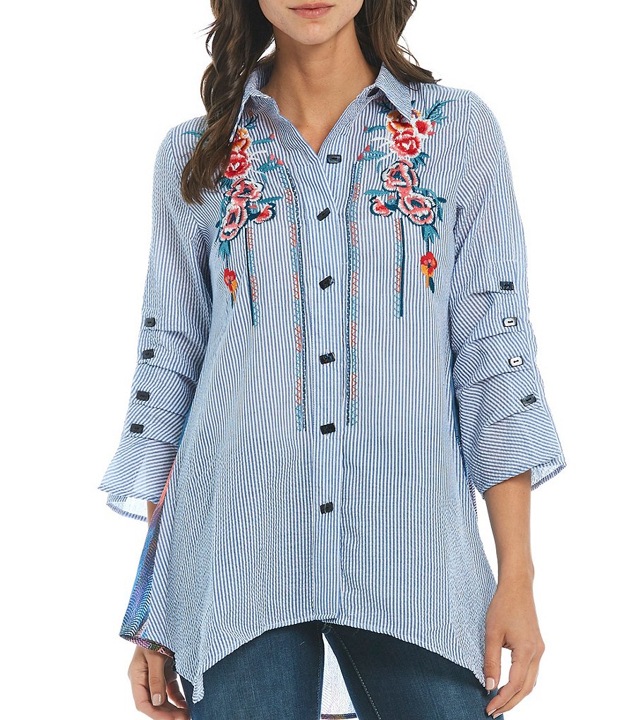 Calessa Embroidered Front Button 3/4 Detail Sleeve Tunic