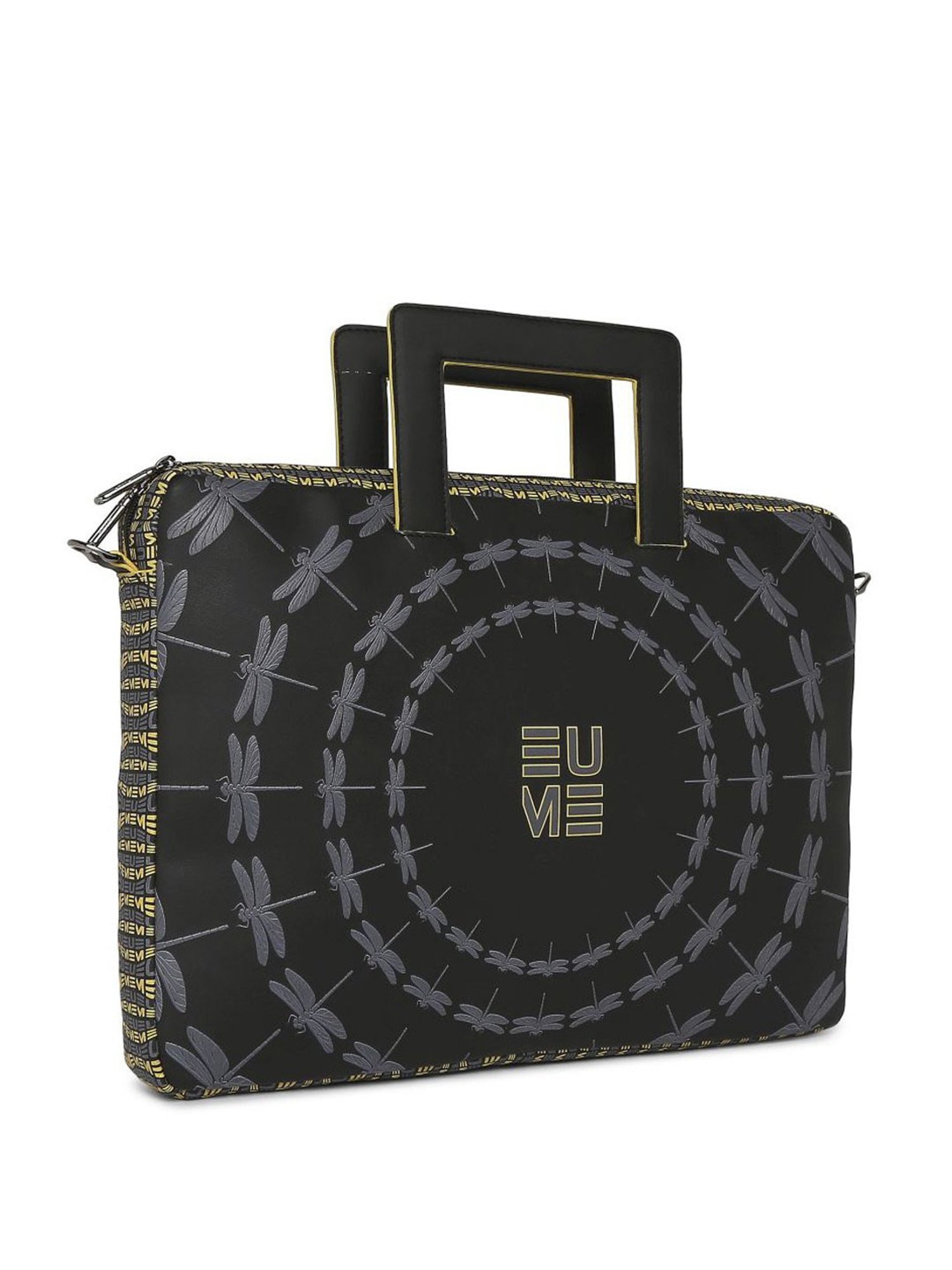 Eume Dragonfly Black Leather Printed Laptop Messenger Bag