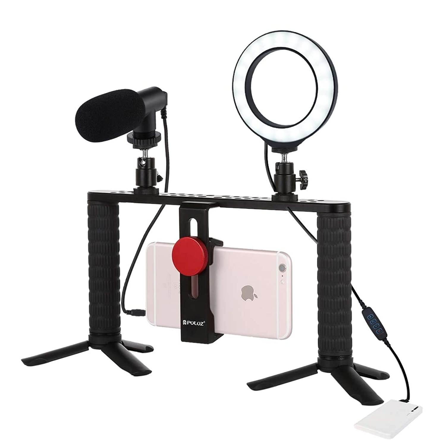 PULUZ 4 in 1 Vlogging Live Broadcast 4.6 inch Ring LED Selfie Light Smartphone Video Rig Handle Stabilizer Aluminum Bracket Kits with Microphone + Tripod Mount + Cold Shoe Tripod Head