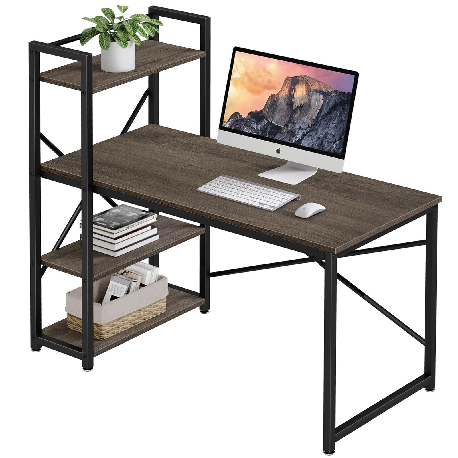 HOMEMAX Computer Desk with Shelves 55.1" Writing Study Table with Adjustable Storage Modern Home Office Desk with Reversible Bookshelf Rustic Gray