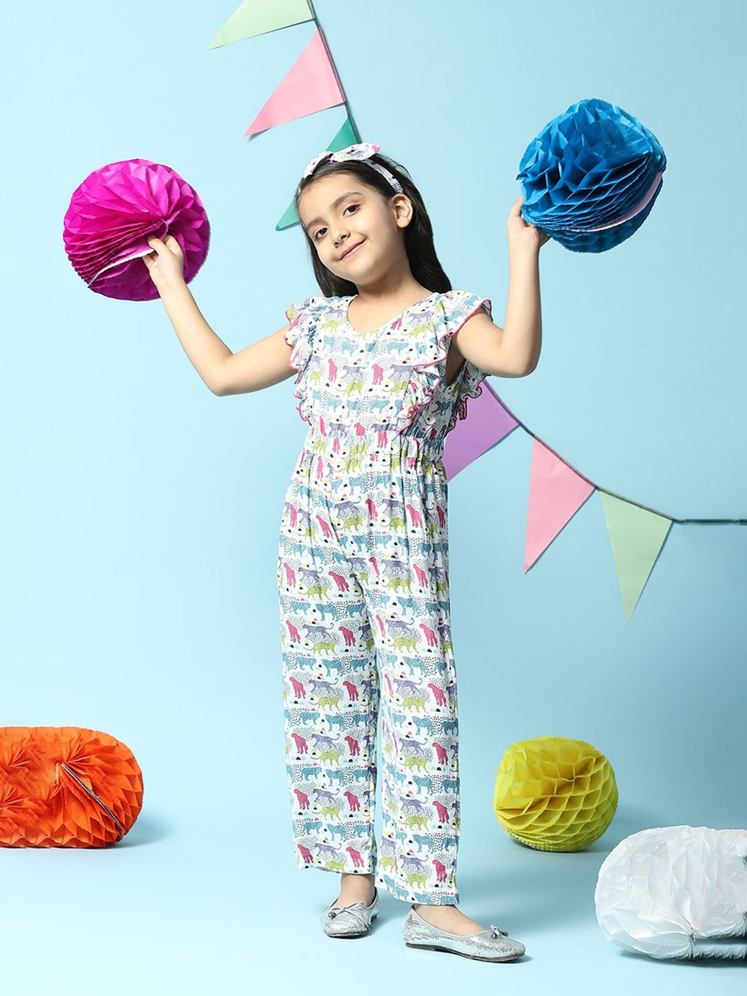 BIBA Girls White Printed Jumpsuit with Headband