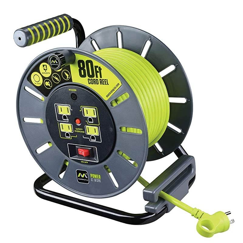 80ft Open Cord Reel with 4 120V 13 amp Integrated Outlets and Thermal Overload Breaker
