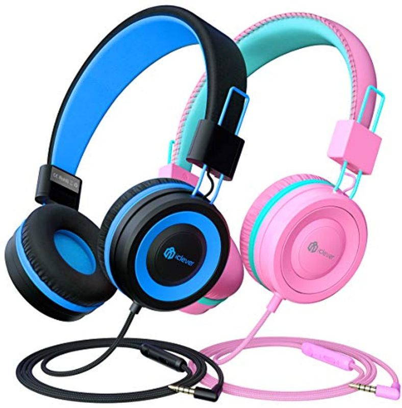 [2 Pack] iClever Kids Headphones with Microphone, Headphones for Kids with Safe Volume Limited 94dB, Adjustable Headband, Foldable Children Headphones for Boys/Girls/School/Travel/iPad, Black and Pink