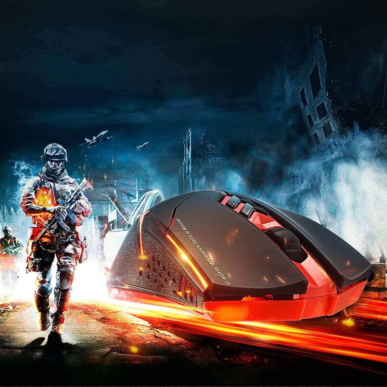 Wireless Gaming Mouse with Unique Silent Click, Breathing Backlit, 2 Programmable Side Buttons, 2400 DPI, Ergonomic Grips, 7-Button Design- Black