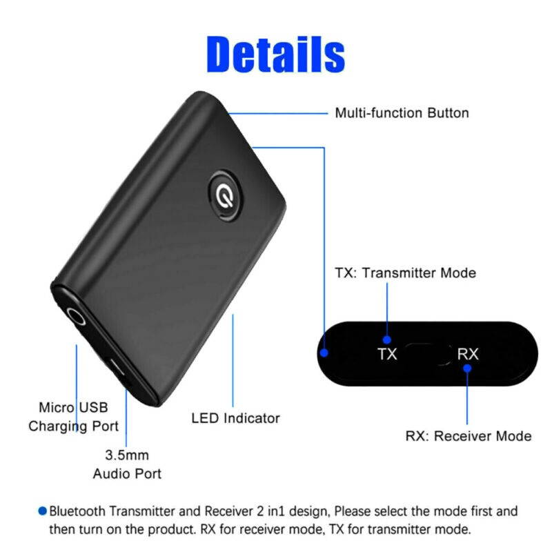 2in1 Bluetooth 5.0 Transmitter & Receiver Wireless Audio Adapter Aux 3.5mm Audio Player for TV, Home Stereo, Smartphone, PC