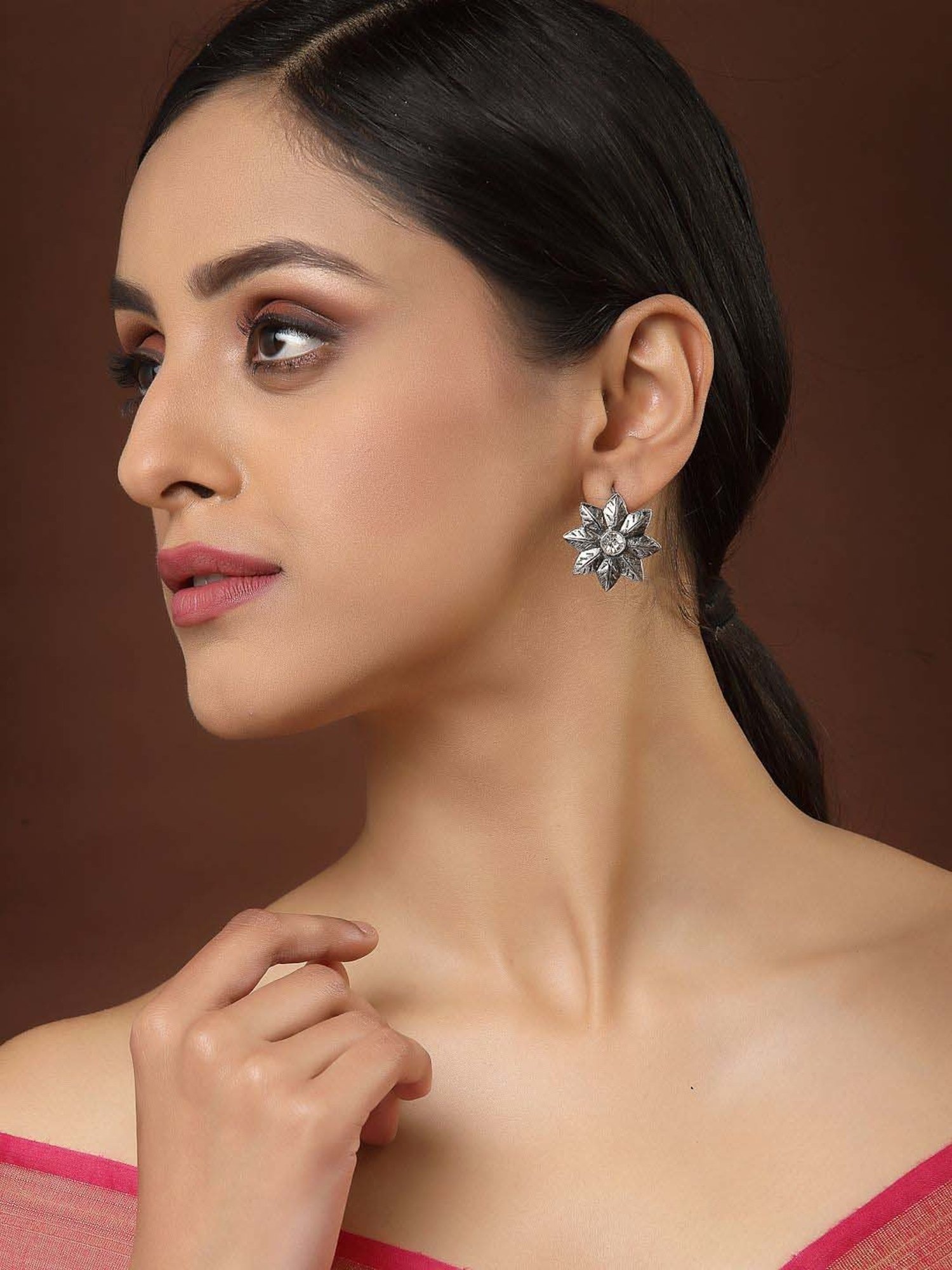 Panash Oxidized Silver-Toned Floral Shaped Drop Earrings