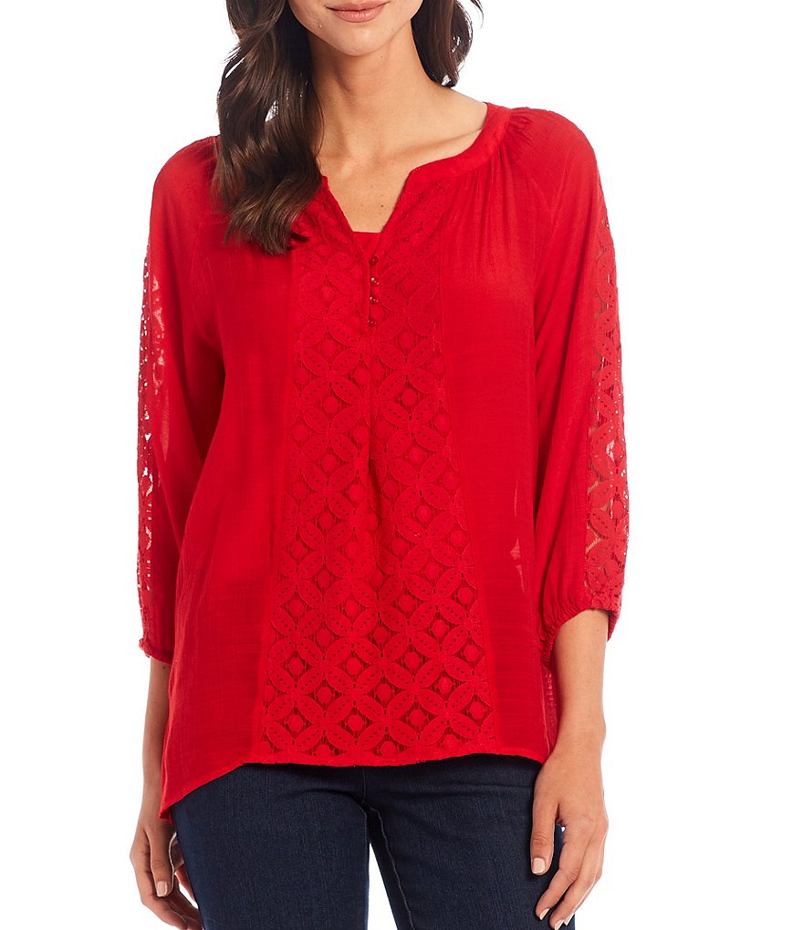 Multiples Slub Woven Band Collar Notch Neck Lace Trim 3/4 Sleeve Top