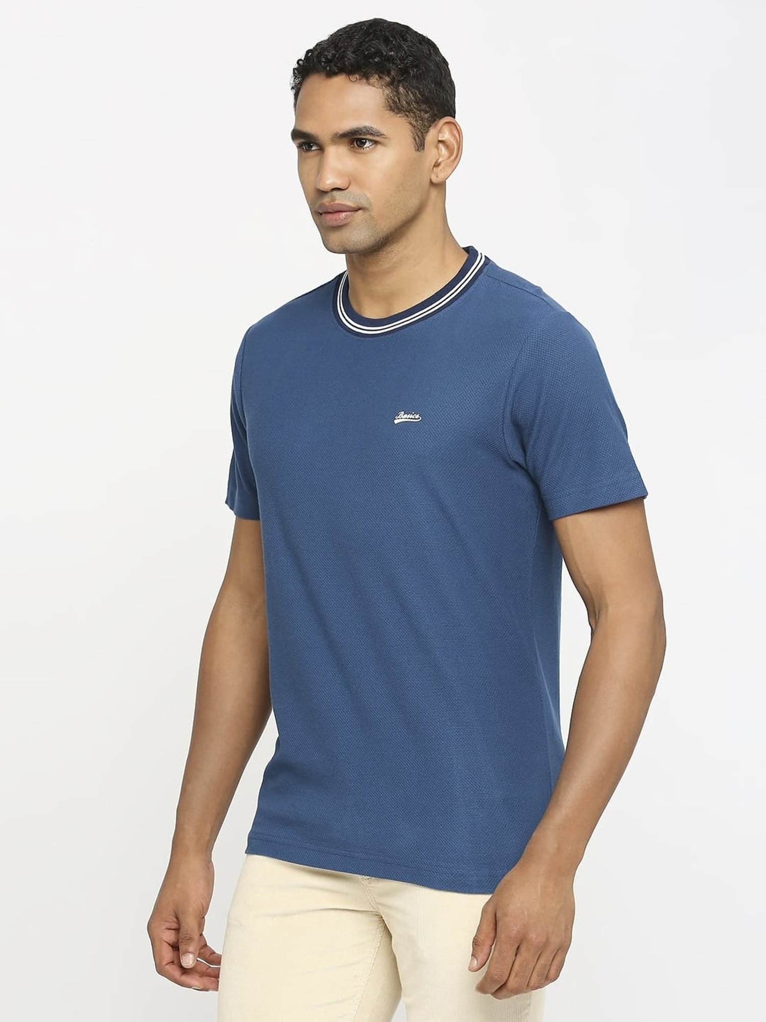 Basics Blue Cotton Muscle Fit T-Shirt