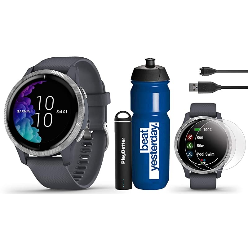 Venu (Granite Blue/Silver) Bands Bundle | +Two (2) Extra Metal Bands (Milanese Silver & Dark Gray) & HD Screen Protectors | AMOLED, Spotify & Wrist-Based HR | Fitness GPS Smartwatch