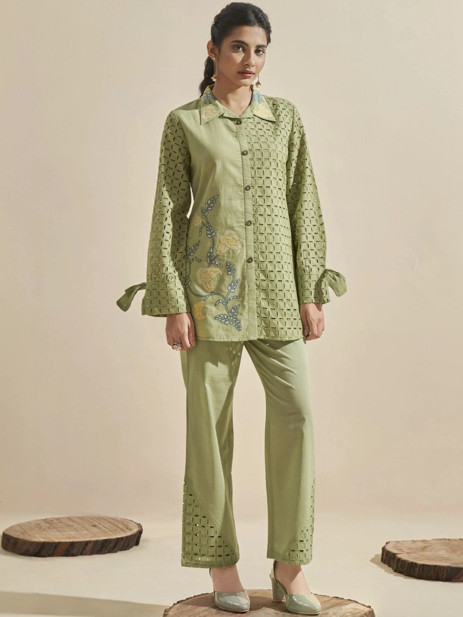Autumnlane Green Cleo Fern Schiffli Cotton Shirt with Pant Co-ord Set