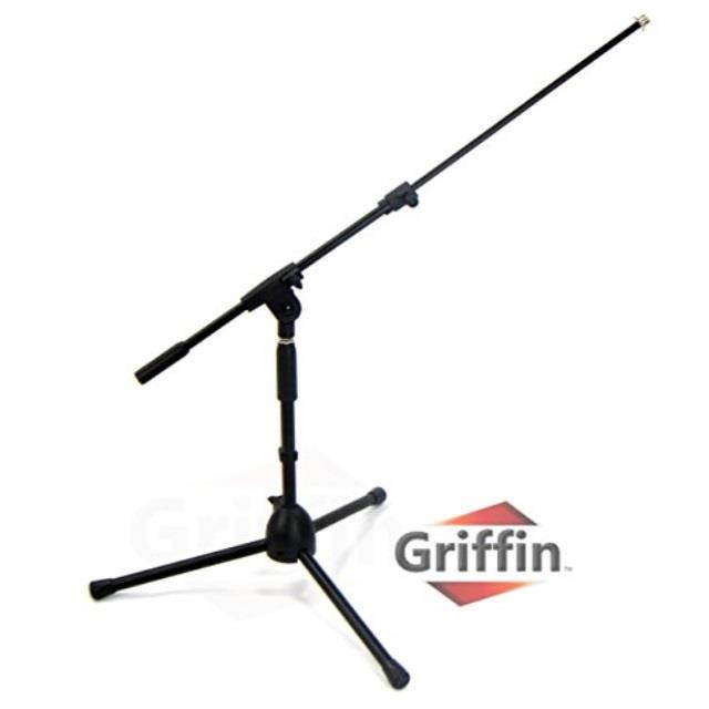 Short Microphone Stand with Boom Arm by GRIFFIN | Low Profile Tripod Mic Stand Mount for Kick Bass Drum, Studio Desktop Recording, Singing, & Guitar Amplifiers | Small Height Telescoping Boom Holder