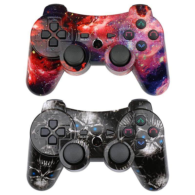 PS3 Controller 2 Pack Wireless Dual Shock Gamepad for Sony Playstation 3 with Charging Cord Skull + Galaxy