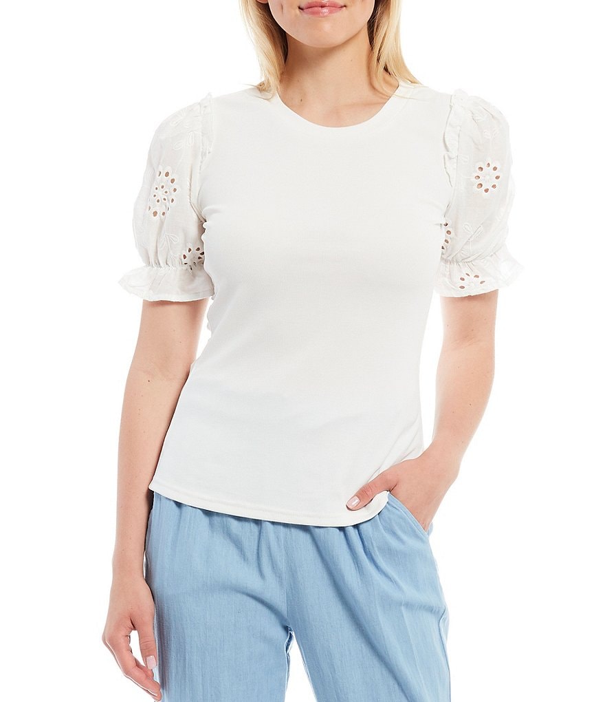 Sugarlips Crew Neck Eyelet Puff Sleeve Shoulder-Frill Detail Mixed Media Top