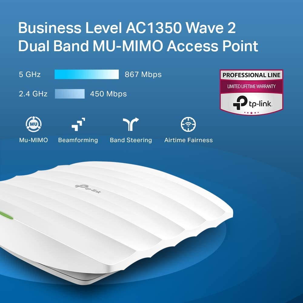 Omada AC1350 Gigabit Wireless Access Point | Business WiFi Solution w/ Mesh Support, Seamless Roaming & MU-MIMO | PoE Powered | SDN Integrated | Cloud Access & App for Easy Management (EAP225)