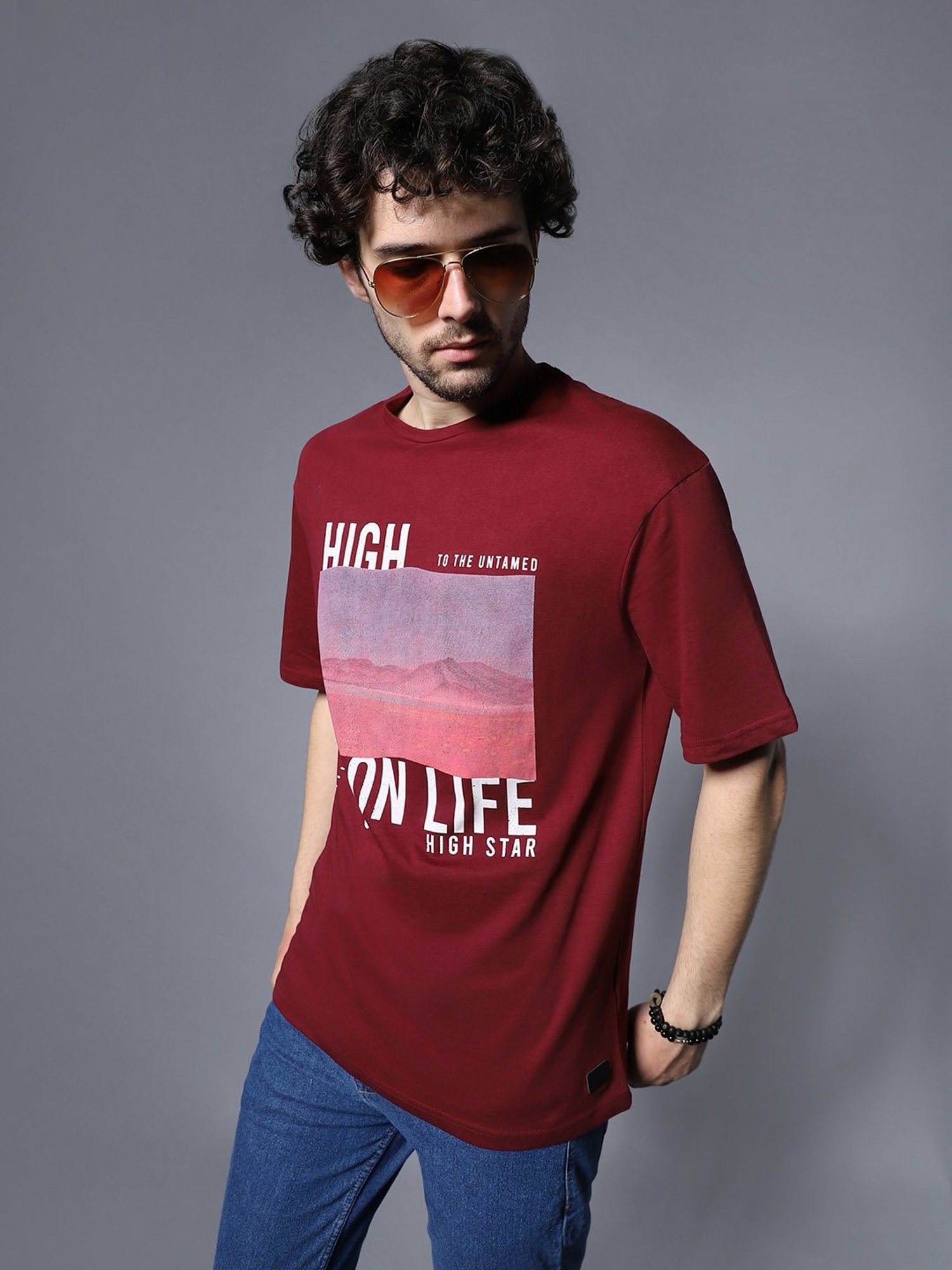 High Star Maroon Relaxed Fit Graphic Print T-Shirt