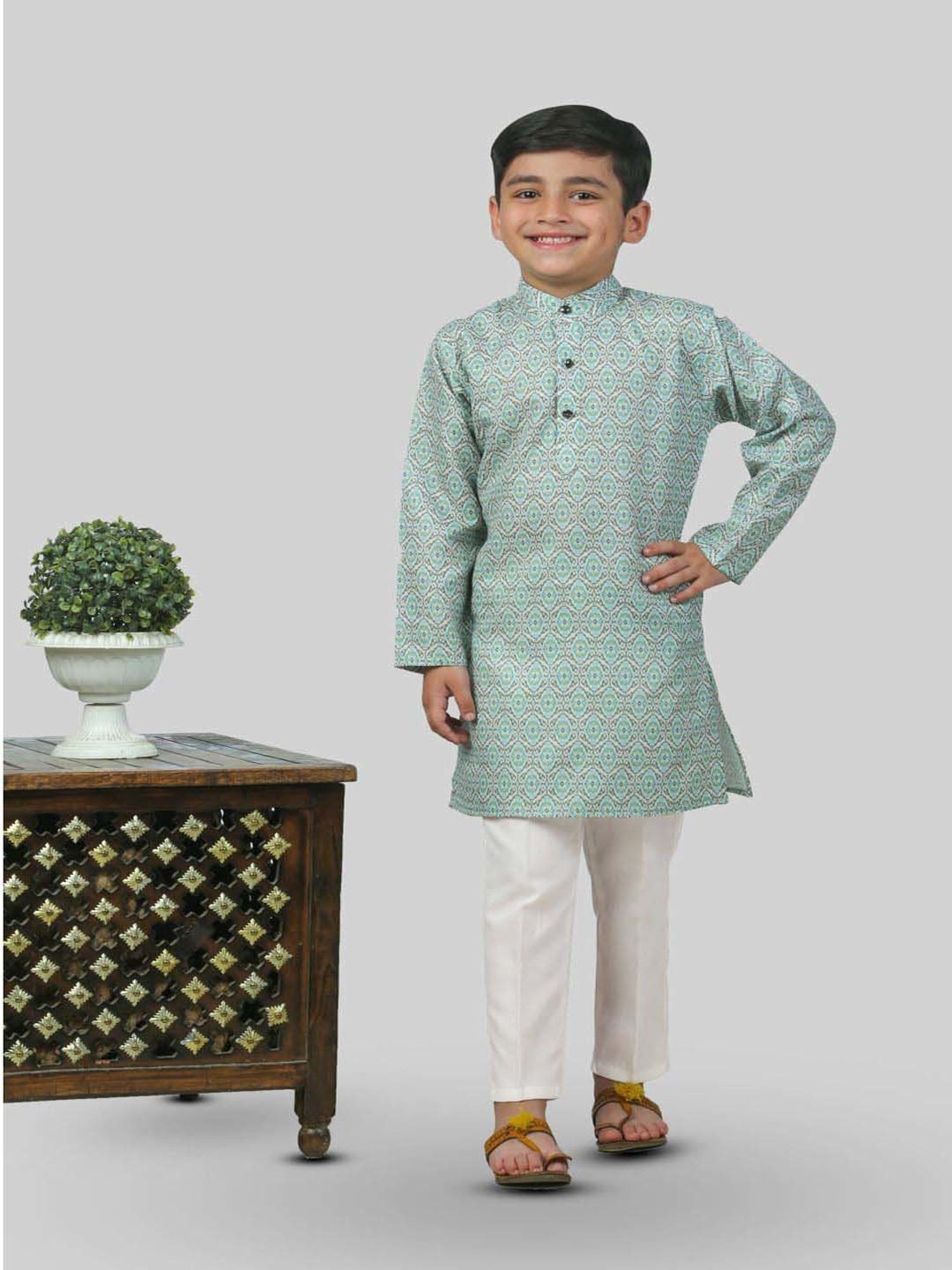 Ahhaaaa Kids Blue & White Cotton Handloom Full Sleeves Kurta Set