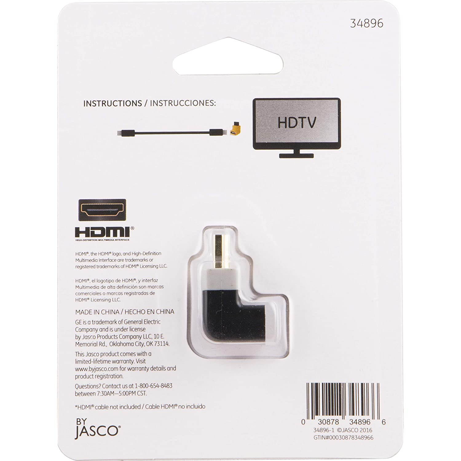 GE Right Angle HDMI Adapter, Ideal for Wall Mounted TVs, Gaming Monitors, Tight Spaces, Full HD 1080P, Prevents Cable Damage and Performance Loss from Bending, 34896