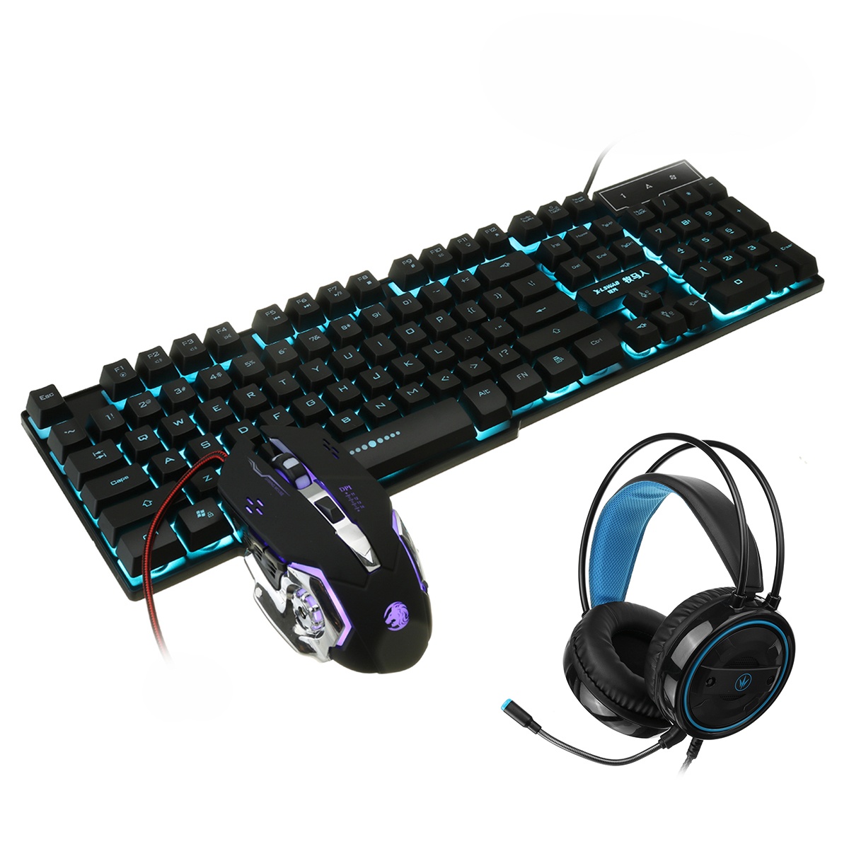 Mice Keyboards Headphones Combo 104-Key Backlit Mechanical Waterproof Wired Keyboard G5 800DPI Wired Mice 7.1 Stereo Sound 3.5MM USB E-Sports Headset with Mic RGB Luminous Gaming Set-D