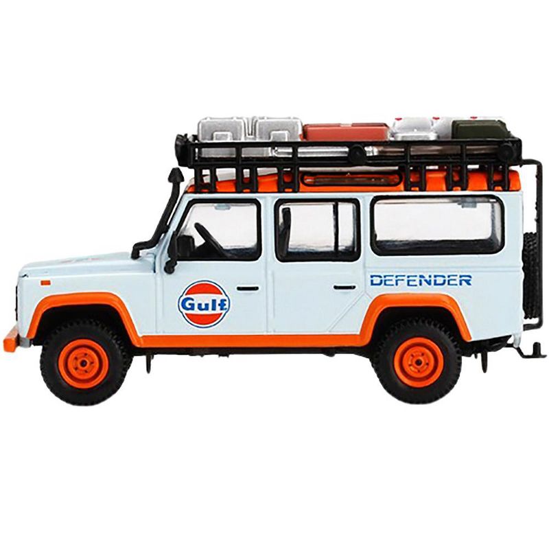 Land Rover Defender 110 with Roof Rack & Accessories "Gulf" Light Blue & Orange 1/64 Diecast Model Car by True Scale Miniatures