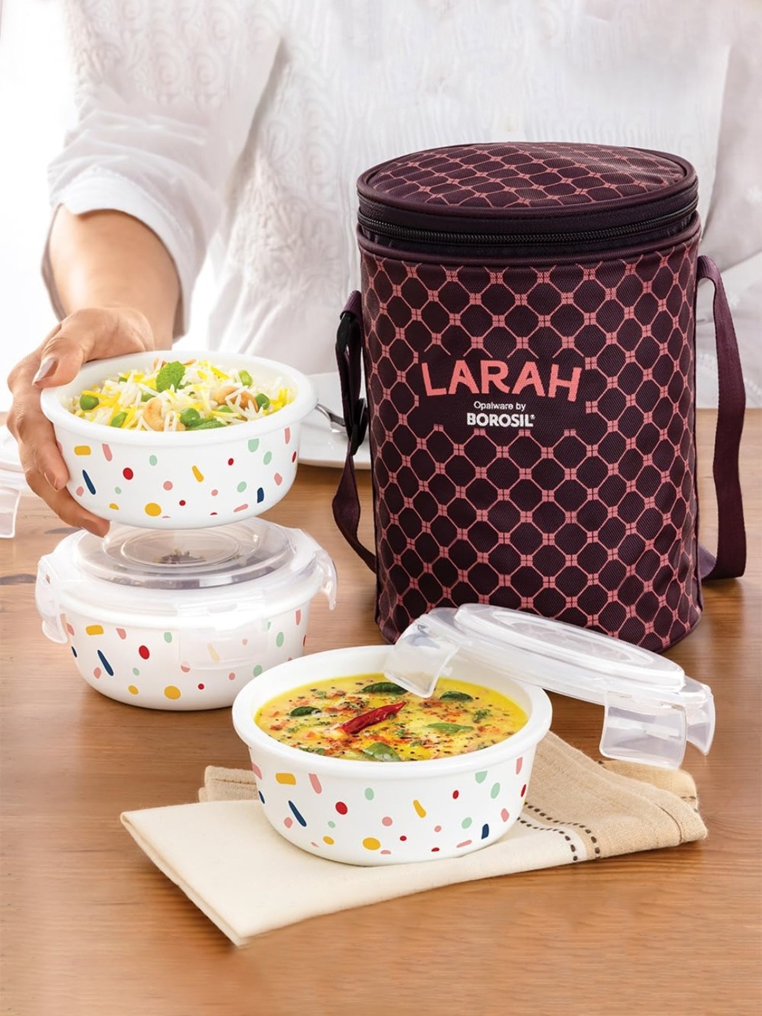 Larah by Borosil Multicolor Opalware Lunch Box with Lunch Bag