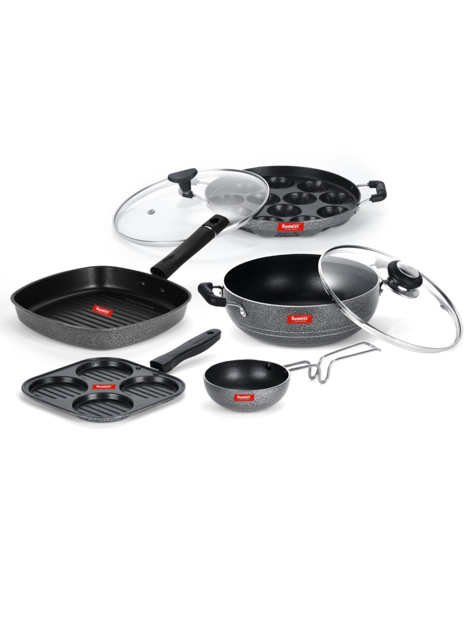 Sumeet NonStick Cookware Set-Snack Maker+Appam Patra & GlassLid+Kadhai & Glass Lid+Grill & Tadka pan