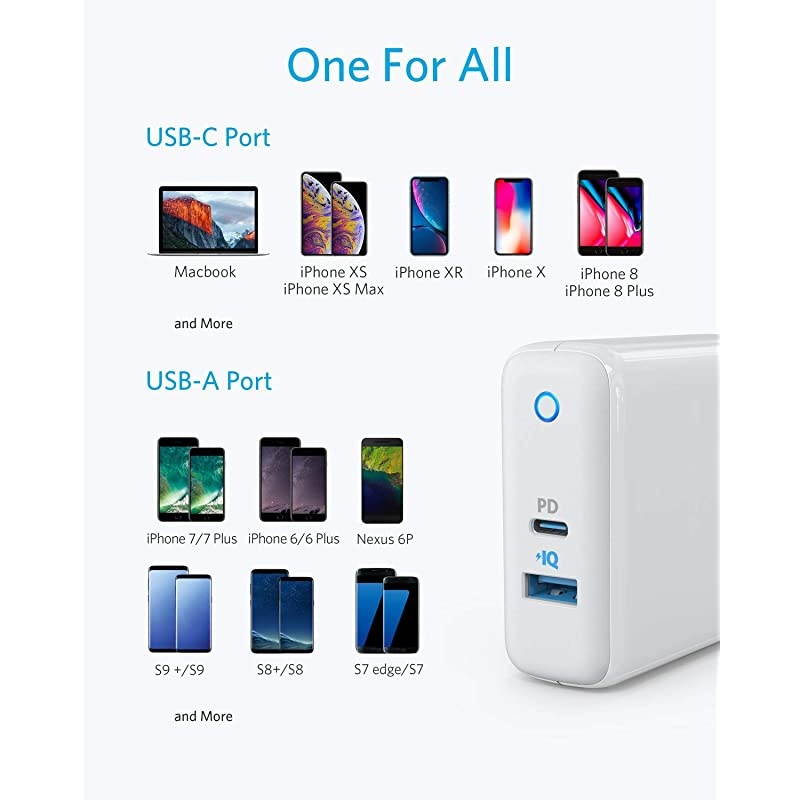 USB C Charger  Powerport Speed+ Duo Wall Charger with 30W Power Delivery Port for iPhone XsMaxXRX8 Ipad Pro 2018Air 2Mini MacBook ProAir Galaxy S10S9S8 Pixel LG Nexus and More
