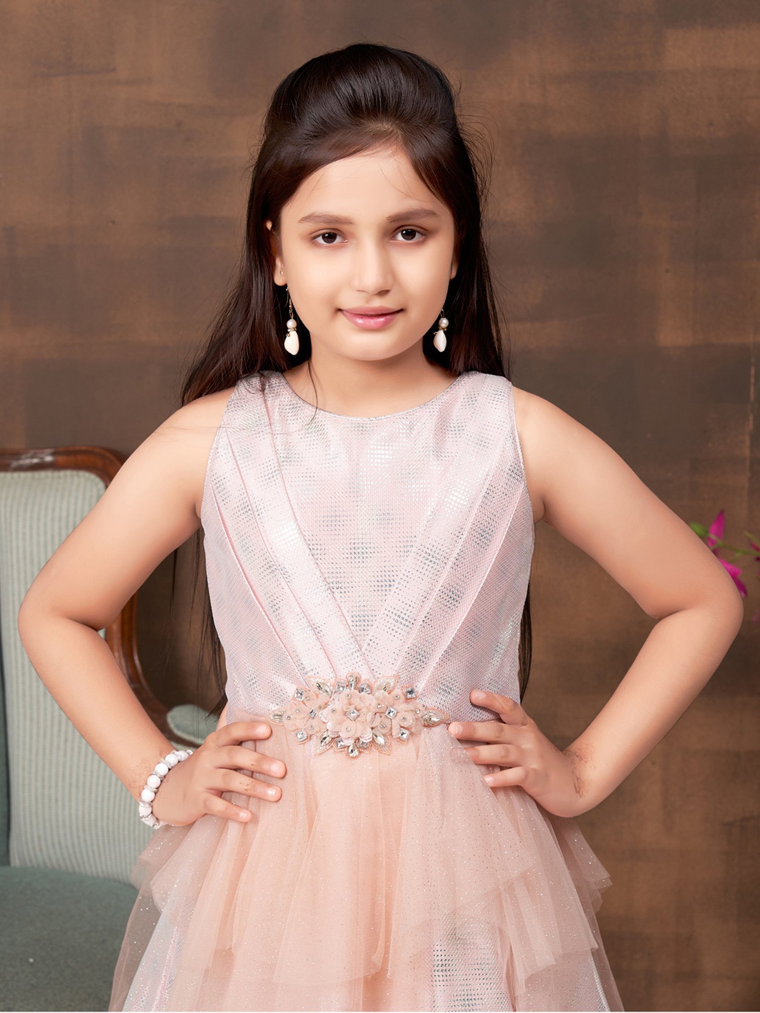 Aarika Kids Peach Embellished Gown with Unstiched Sleeves