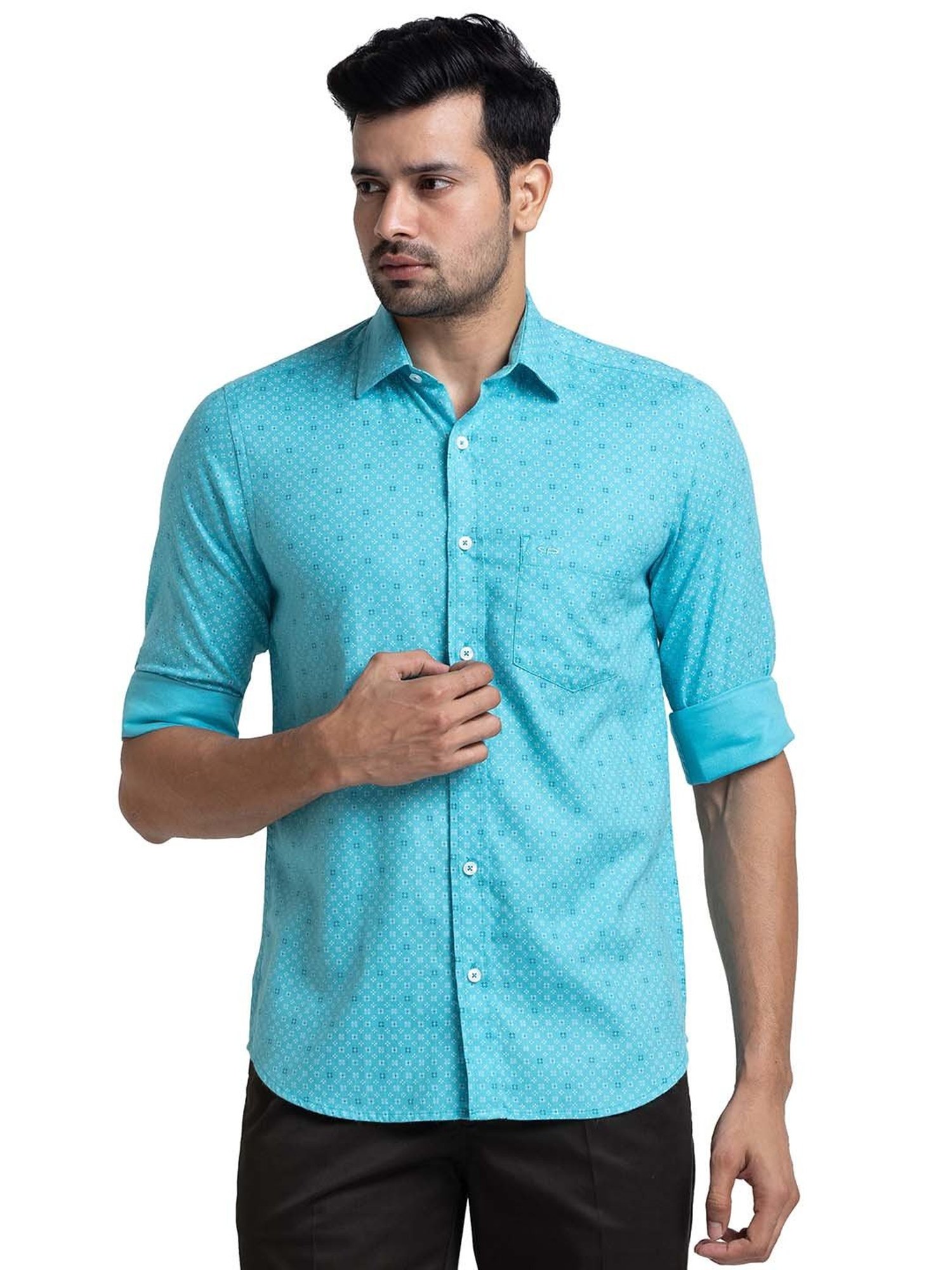 ColorPlus Light Blue Tailored Fit Printed Shirt