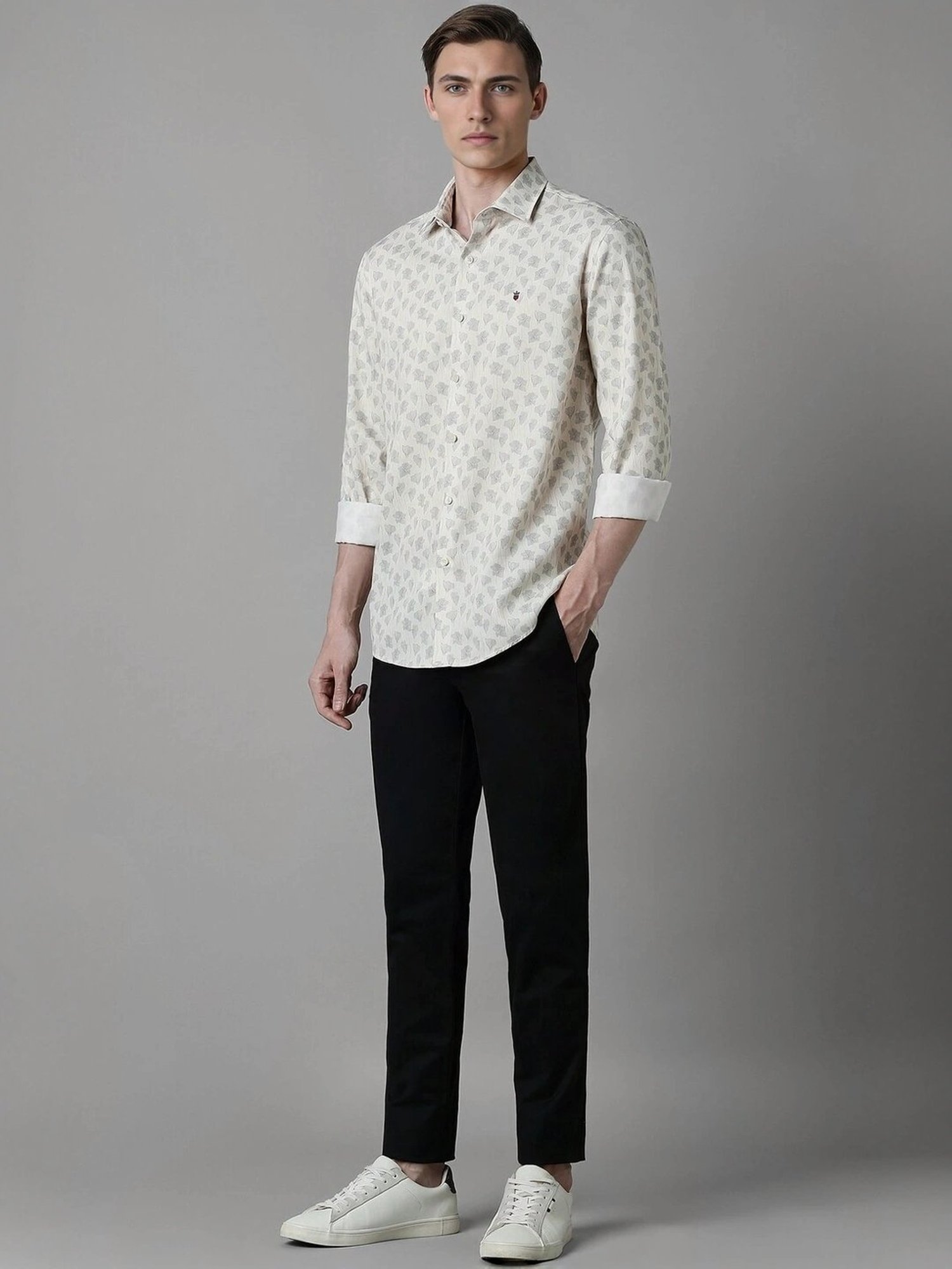 Louis Philippe Cream Cotton Slim Fit Printed Shirt