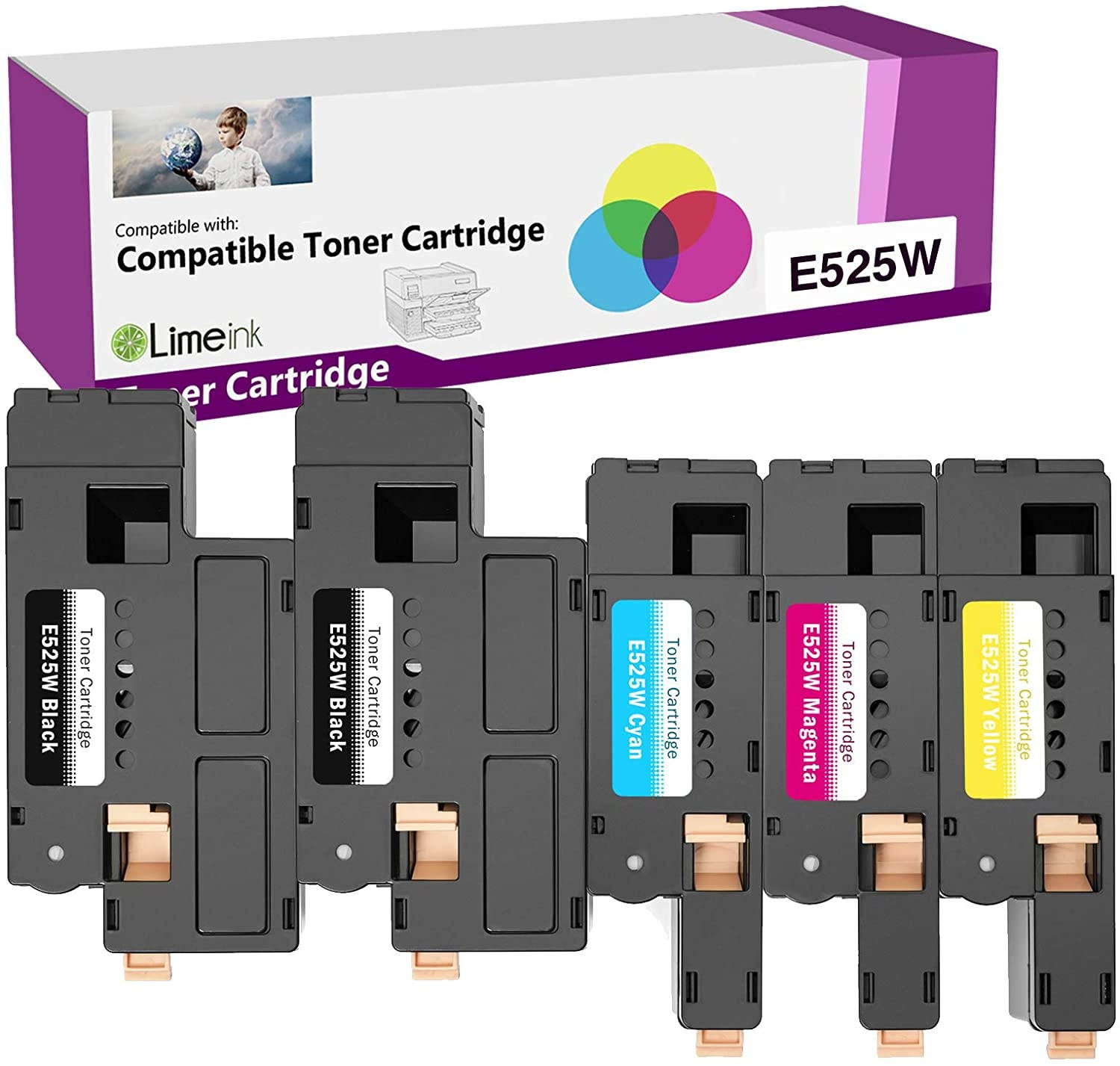 Limeink 5 Pack Compatible High Yield Laser Toner Cartridges Replacement for Dell E525W 525W 525 E525 DPV4T H3M8P (2 Black, 1 Cyan, 1 Magenta, 1 Yellow) Compatible with E525W E525DW Color Laser Printer