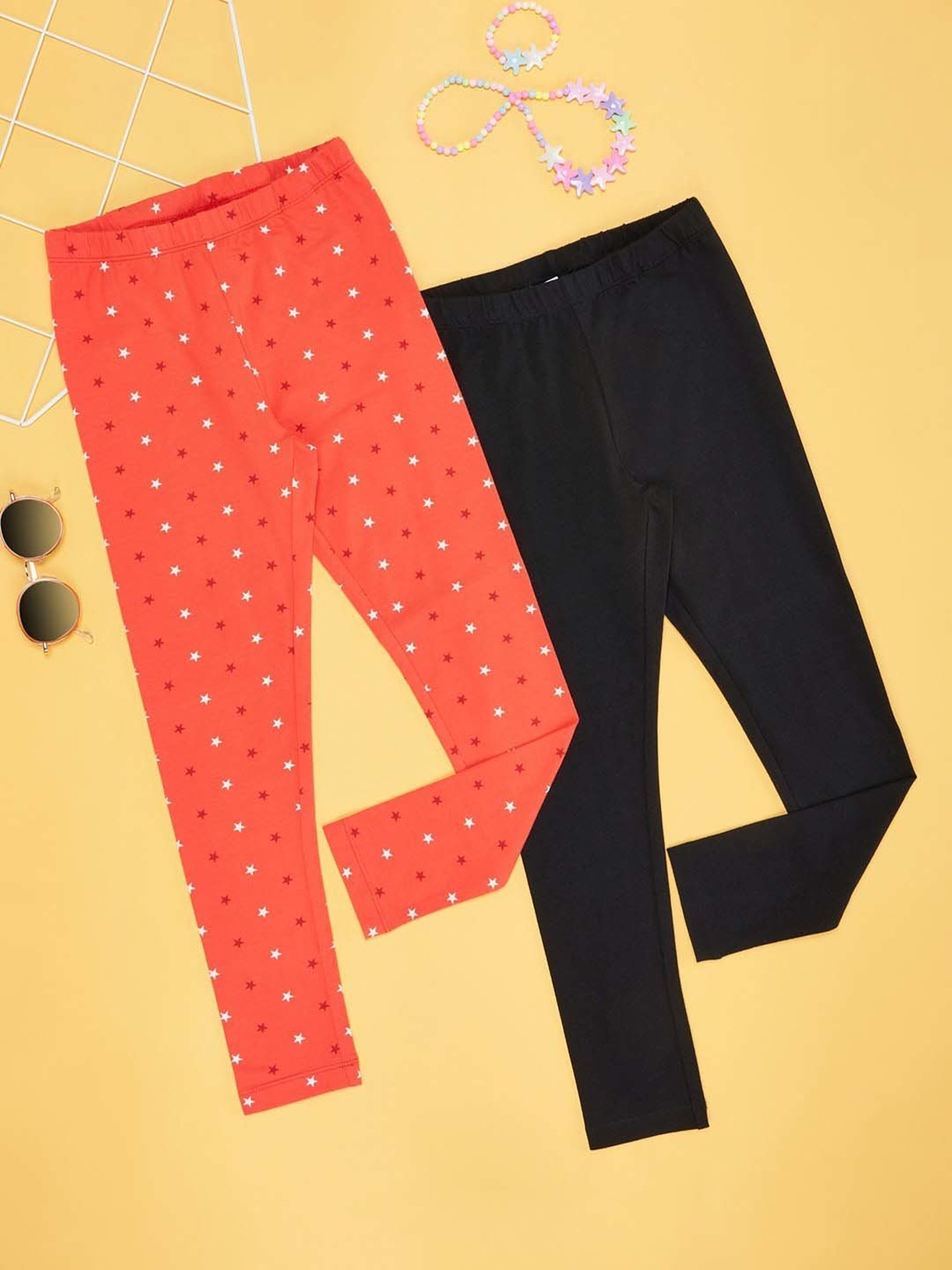 YU by Pantaloons Girls Orange & Black Cotton Printed Leggings (Pack of 2)
