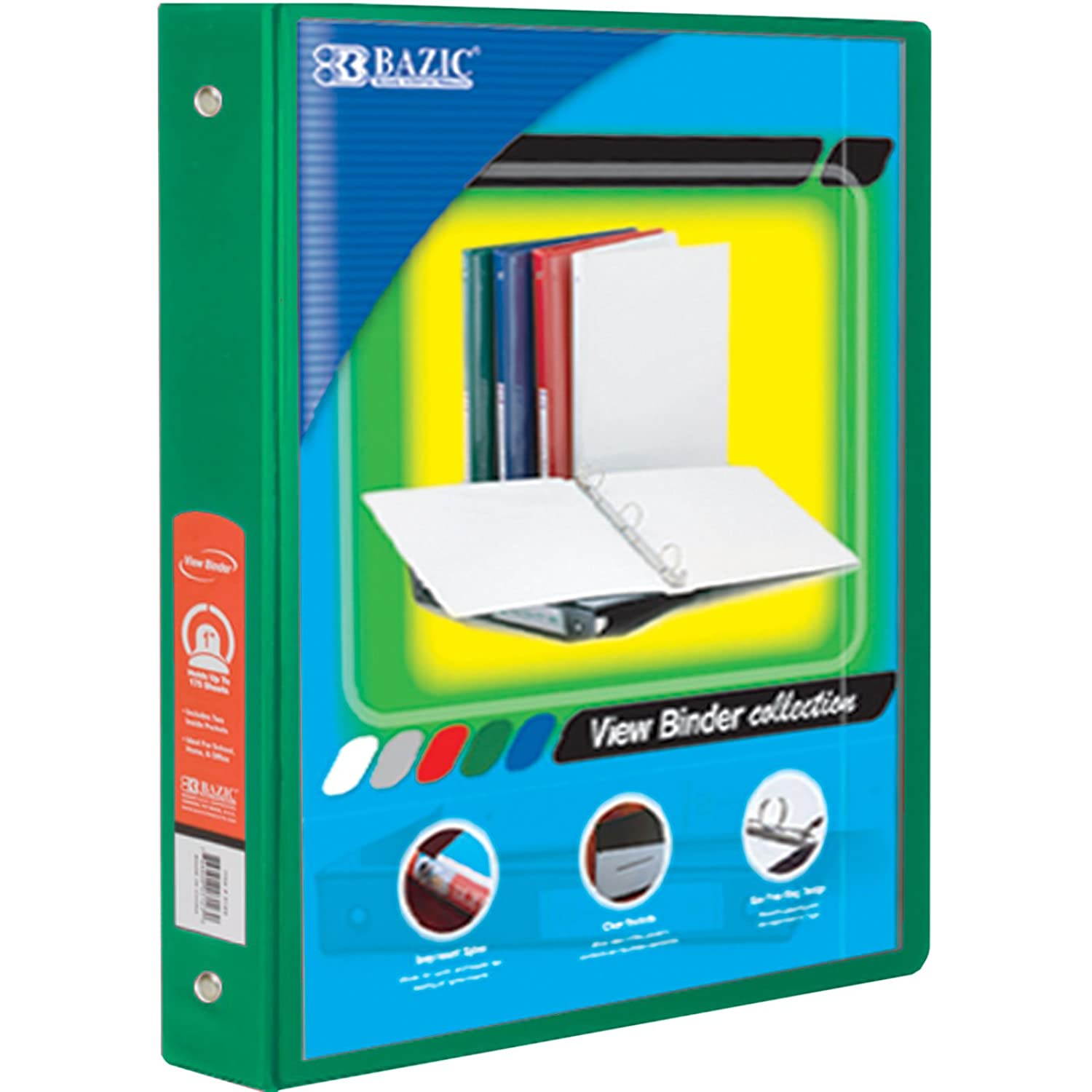 BAZIC 1.5" Green 3-Ring View Binder w/2-Pockets, Case of 12 (4142-12)
