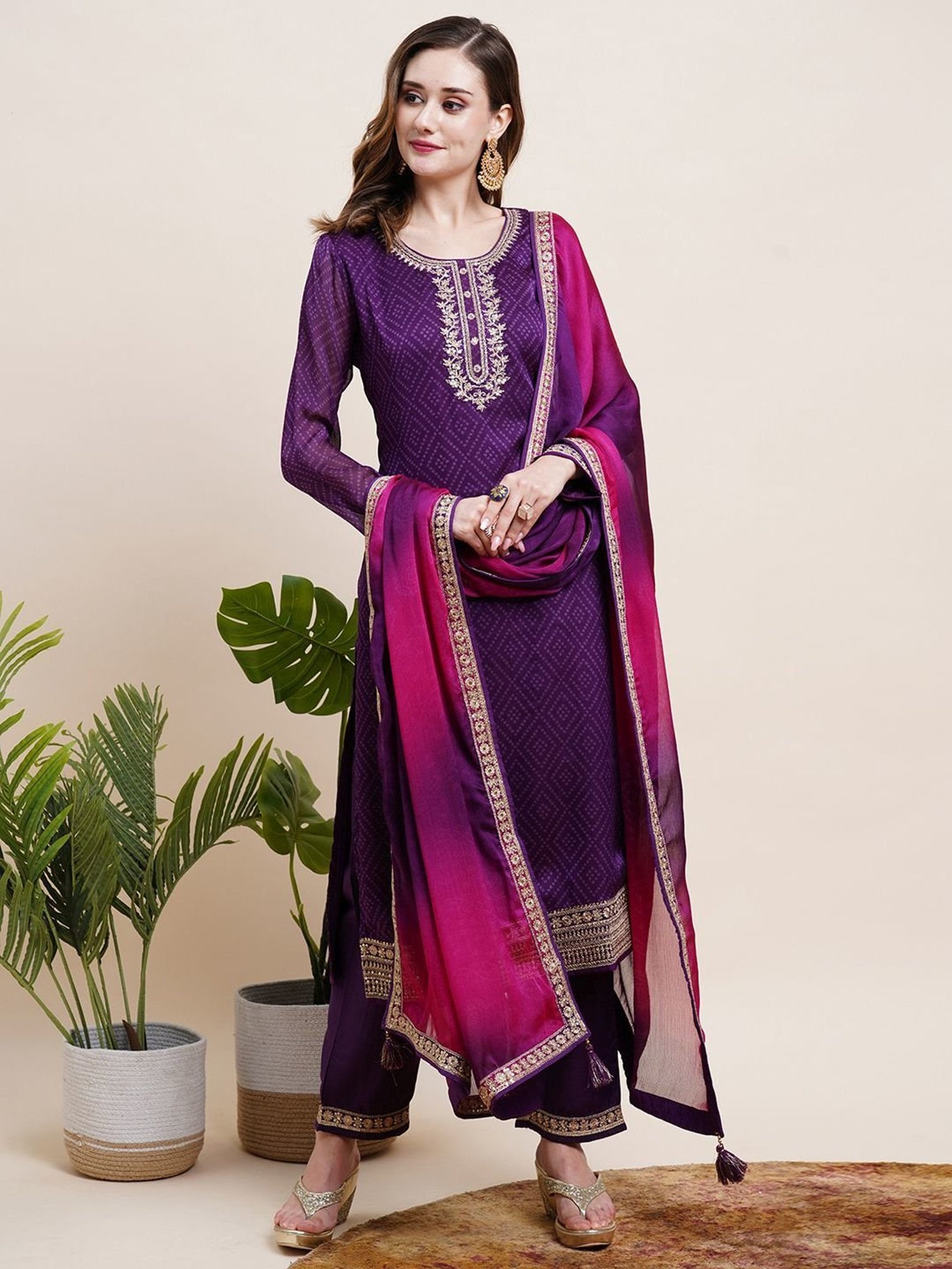 Fashor Purple Printed Kurta Pant Set With Dupatta
