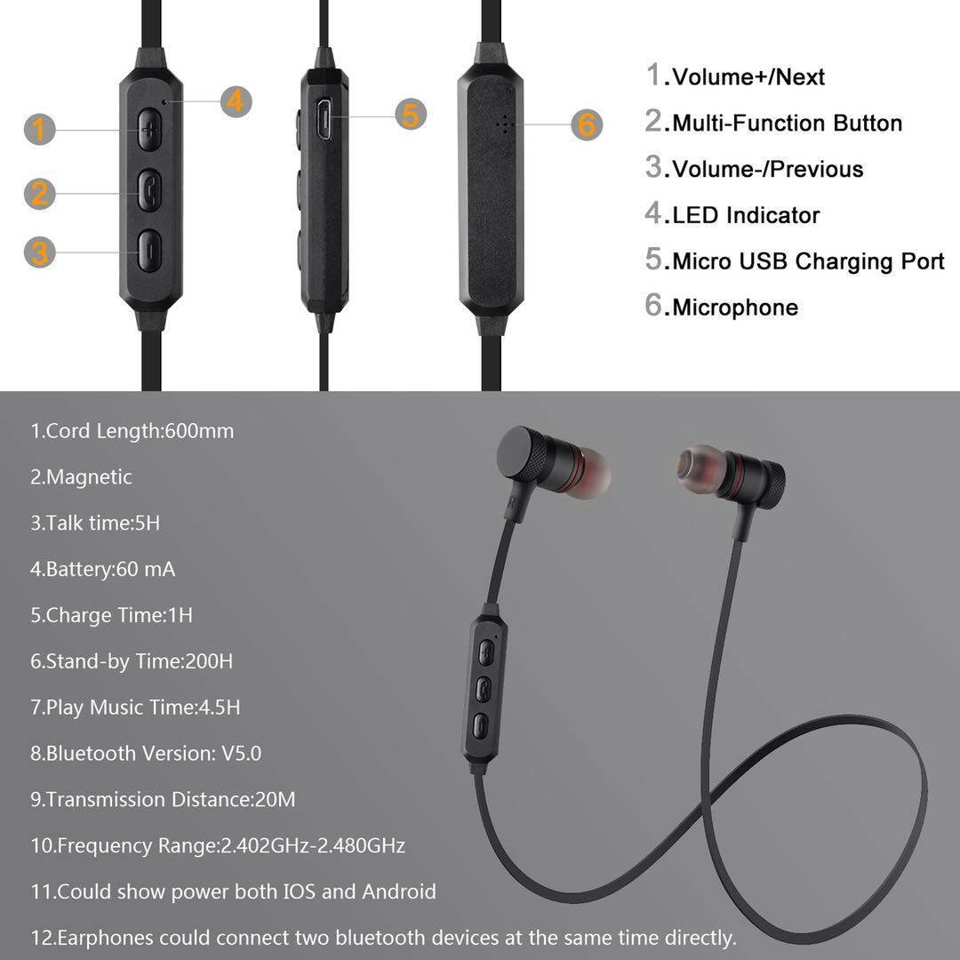 Bluetooth 5.0 Wireless Sport Earphone Magnetic design Headset Universal Earbuds