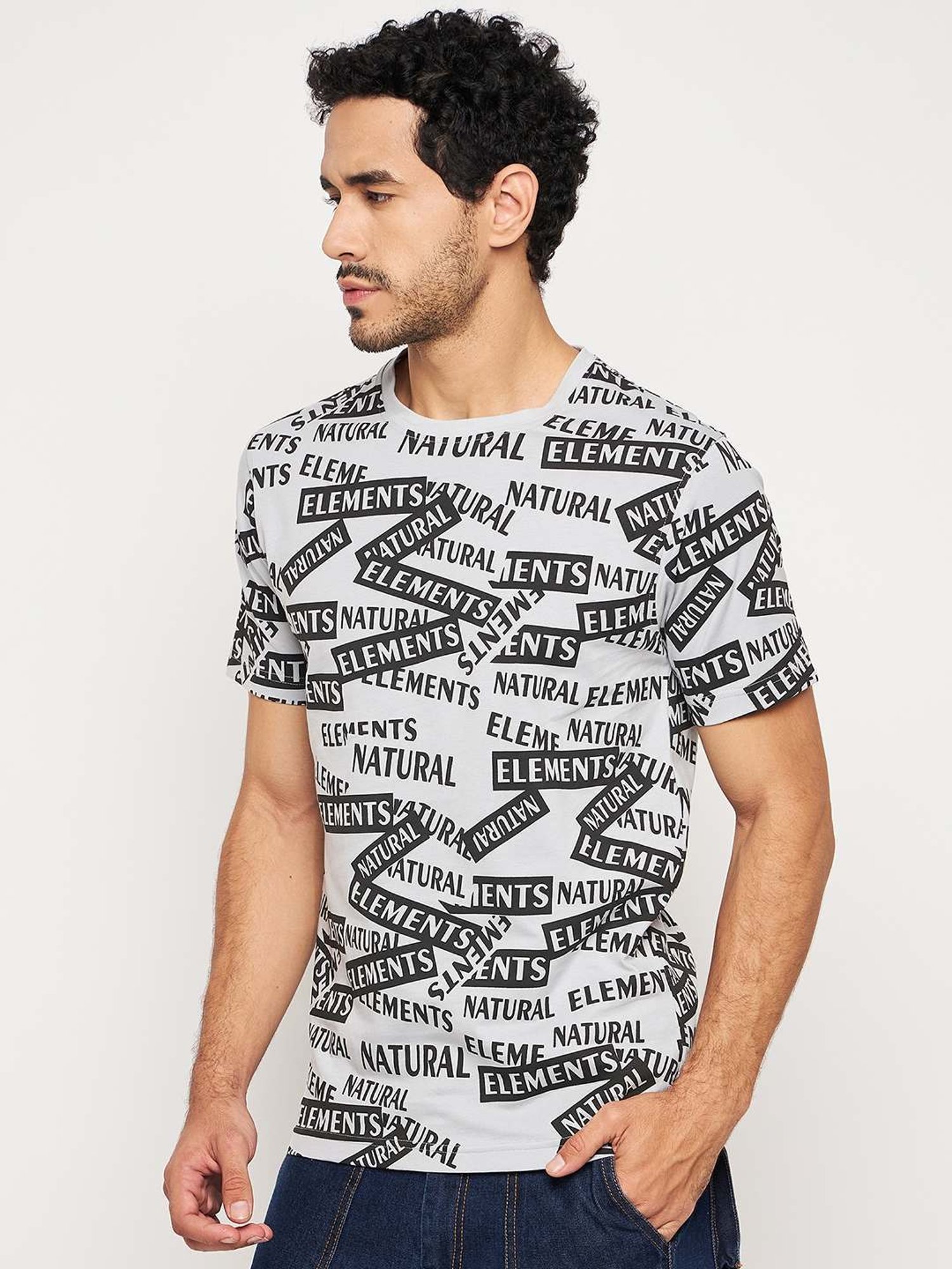 Club York Grey Cotton Regular Fit Printed T-Shirt