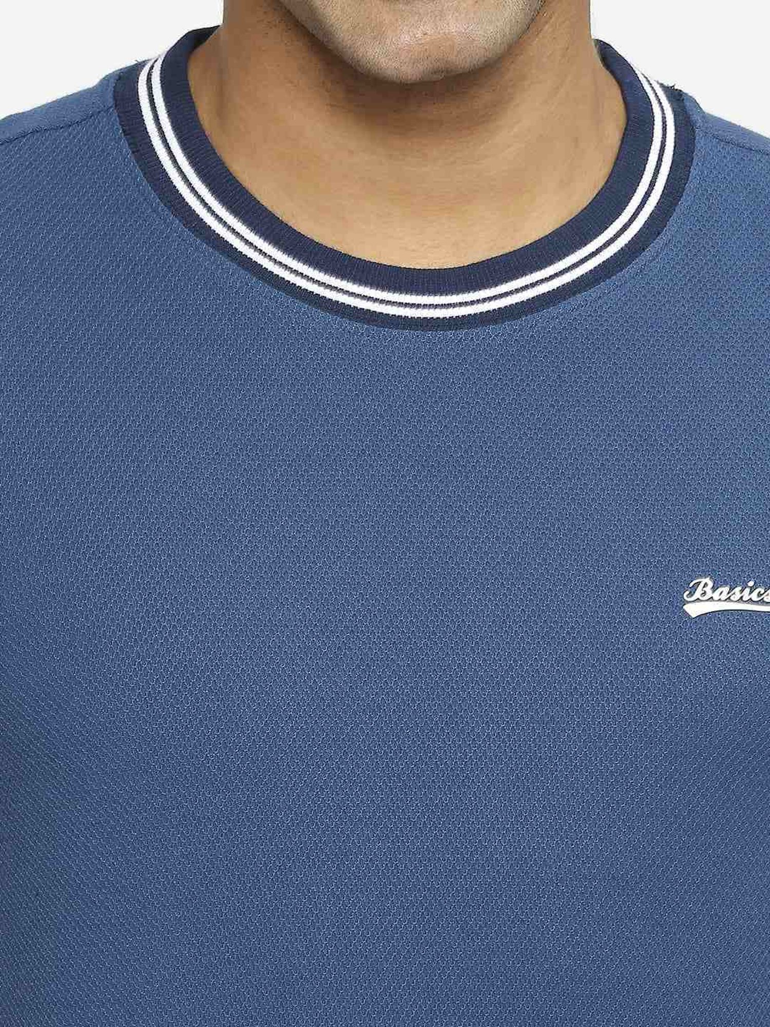 Basics Blue Cotton Muscle Fit T-Shirt
