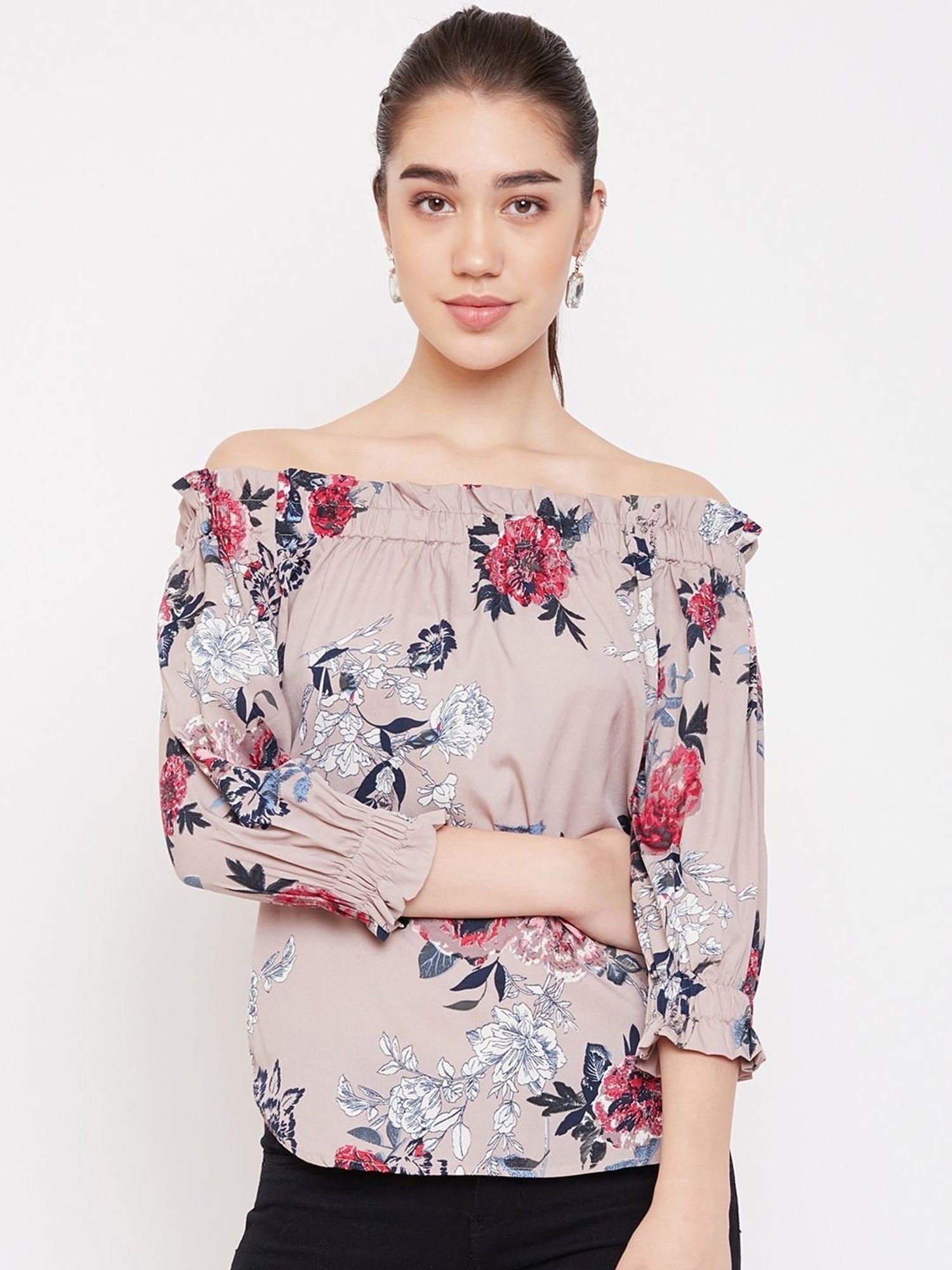 PURYS Brown Floral Print Top