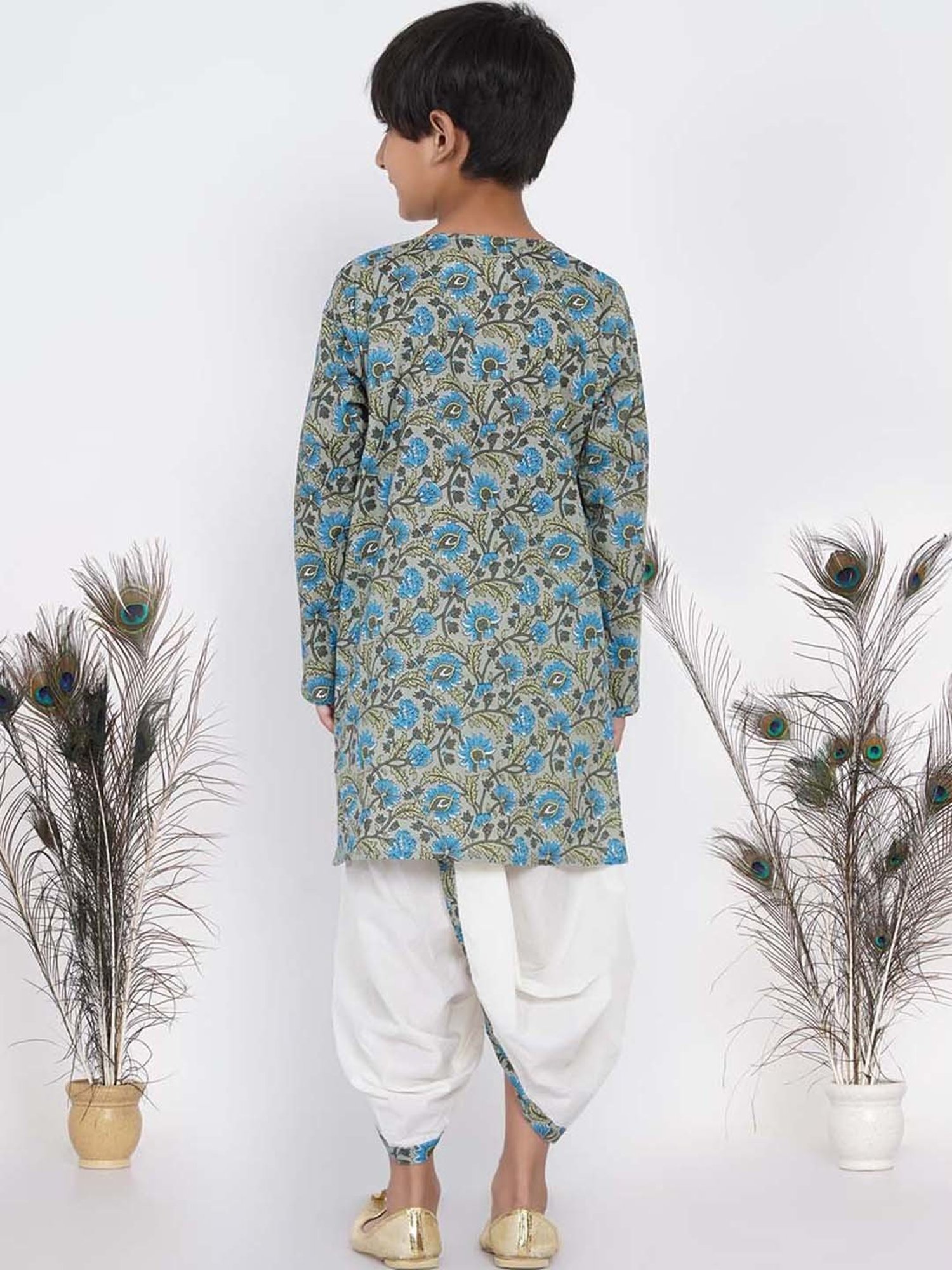 Little Bansi Kids Green & Cream Cotton Floral Print Kurta Set