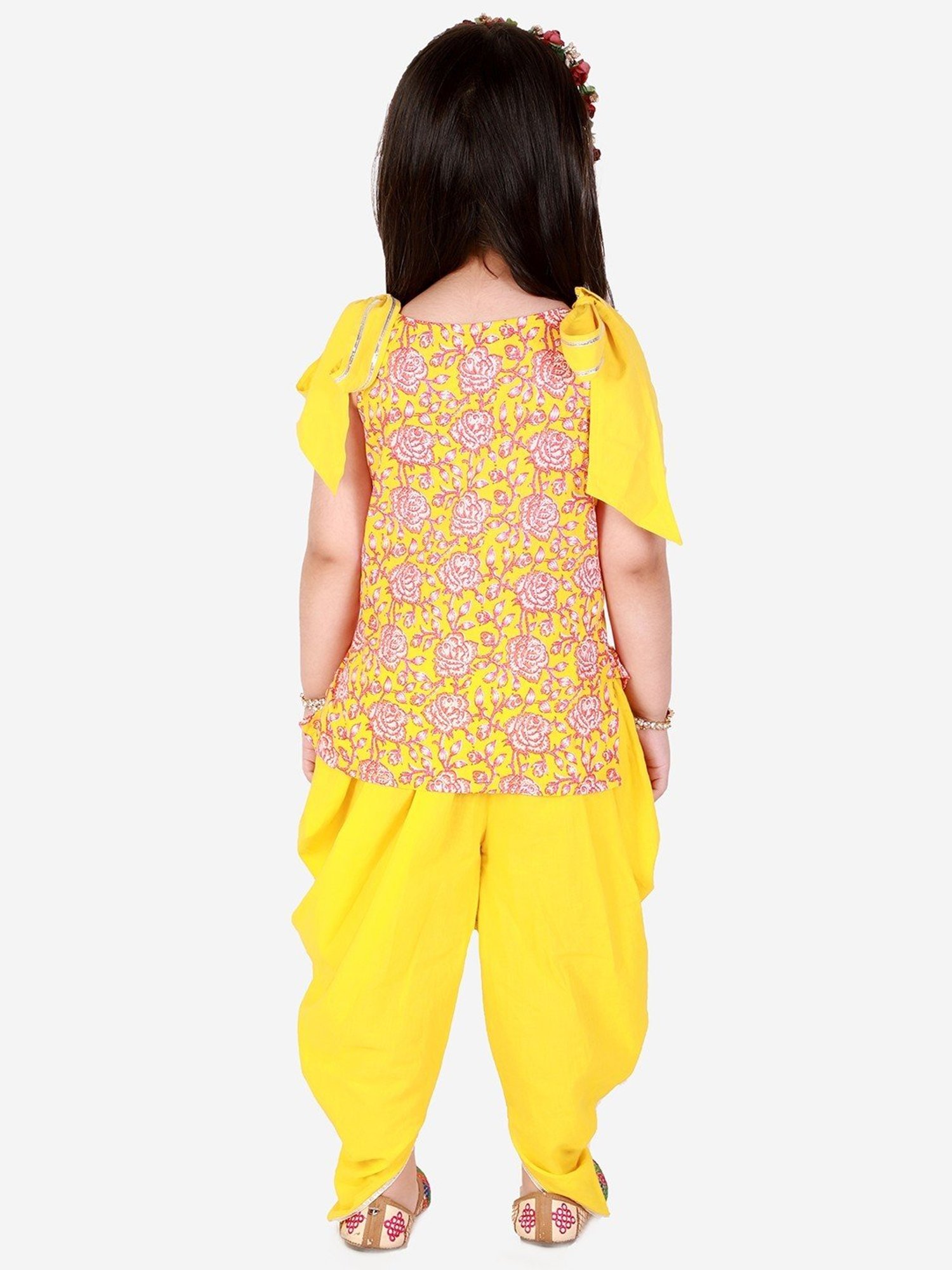 Lil Drama Kids Yellow & Pink Cotton Floral Print Kurta Set