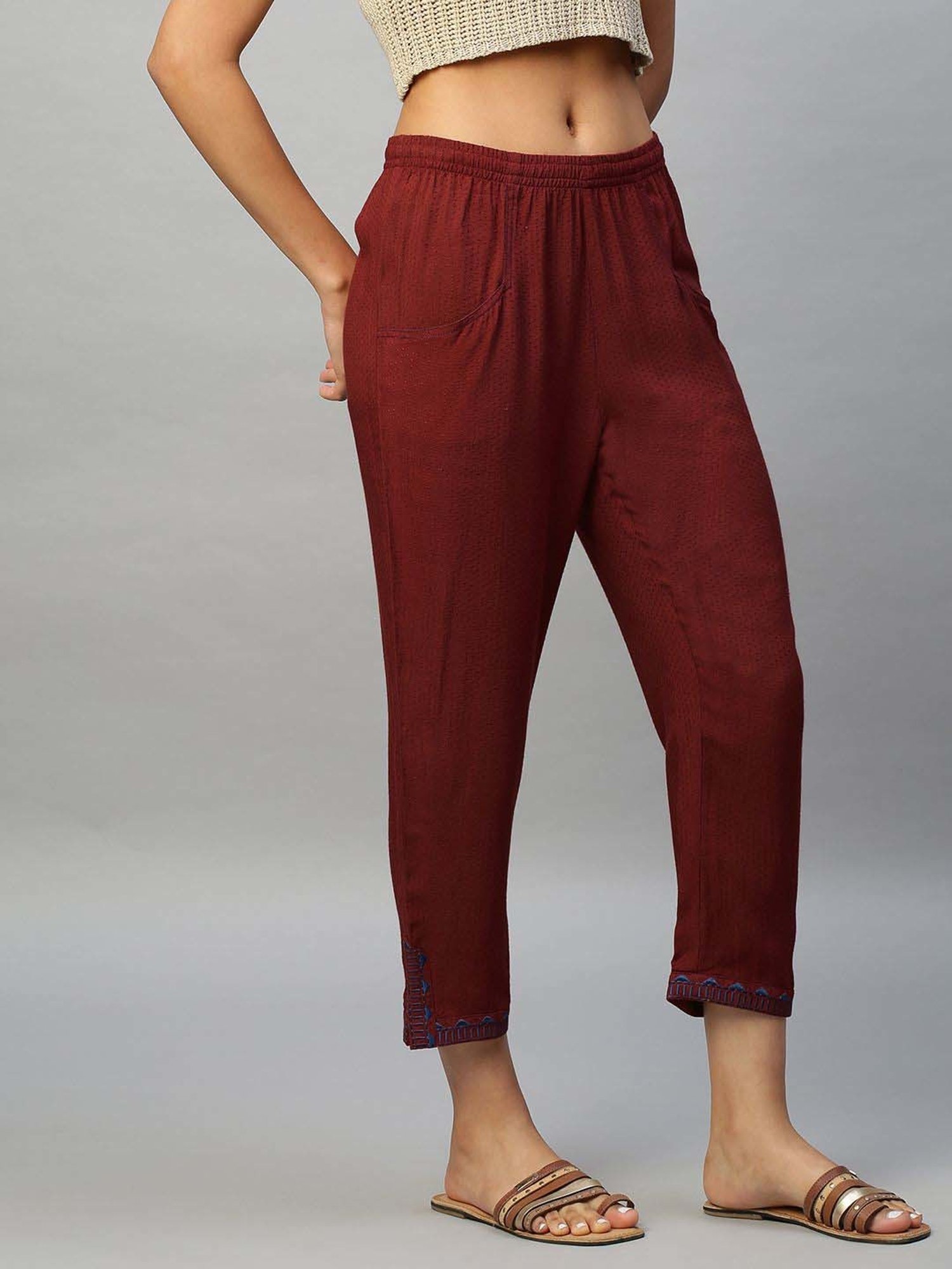 Chemistry Maroon Embroidered Trousers