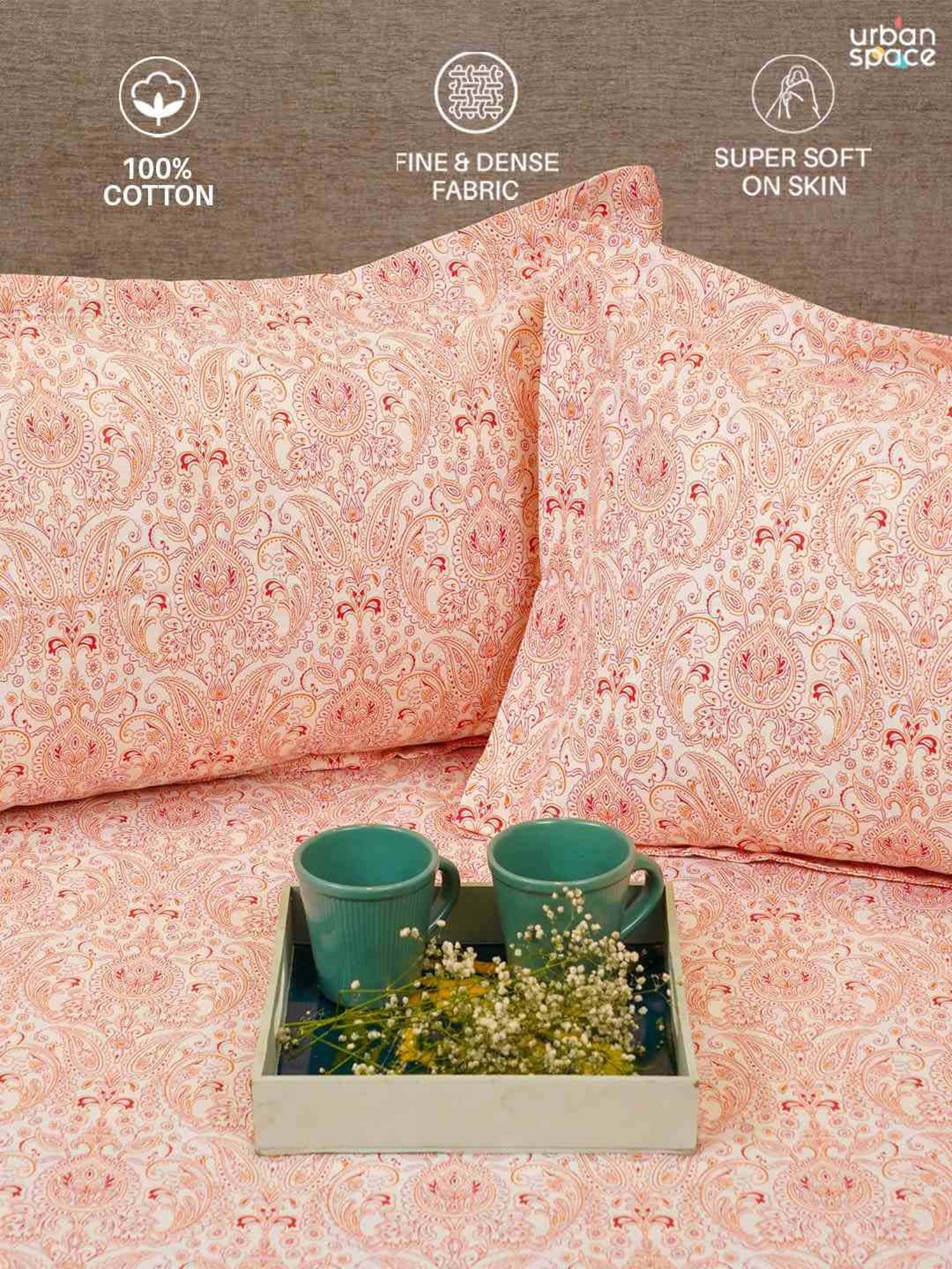 Urban Space Serene Pink Cotton 200 TC King Fitted Bedsheet With Pillow Covers