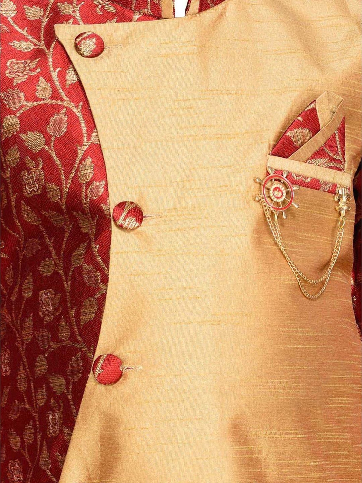 AJ Dezines Kids Maroon & Gold Printed Full Sleeves Sherwani Set
