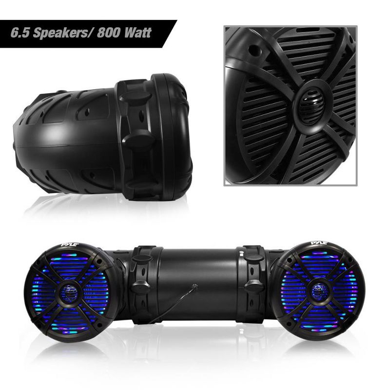 Pyle 2 x PLATV65BT.5 800 Watt Marine Portable Waterproof Bluetooth Speaker w/ Colorful LED Lights for Off Road Vehicle, ATV, UTV, & Golf Cart (2 Pack)