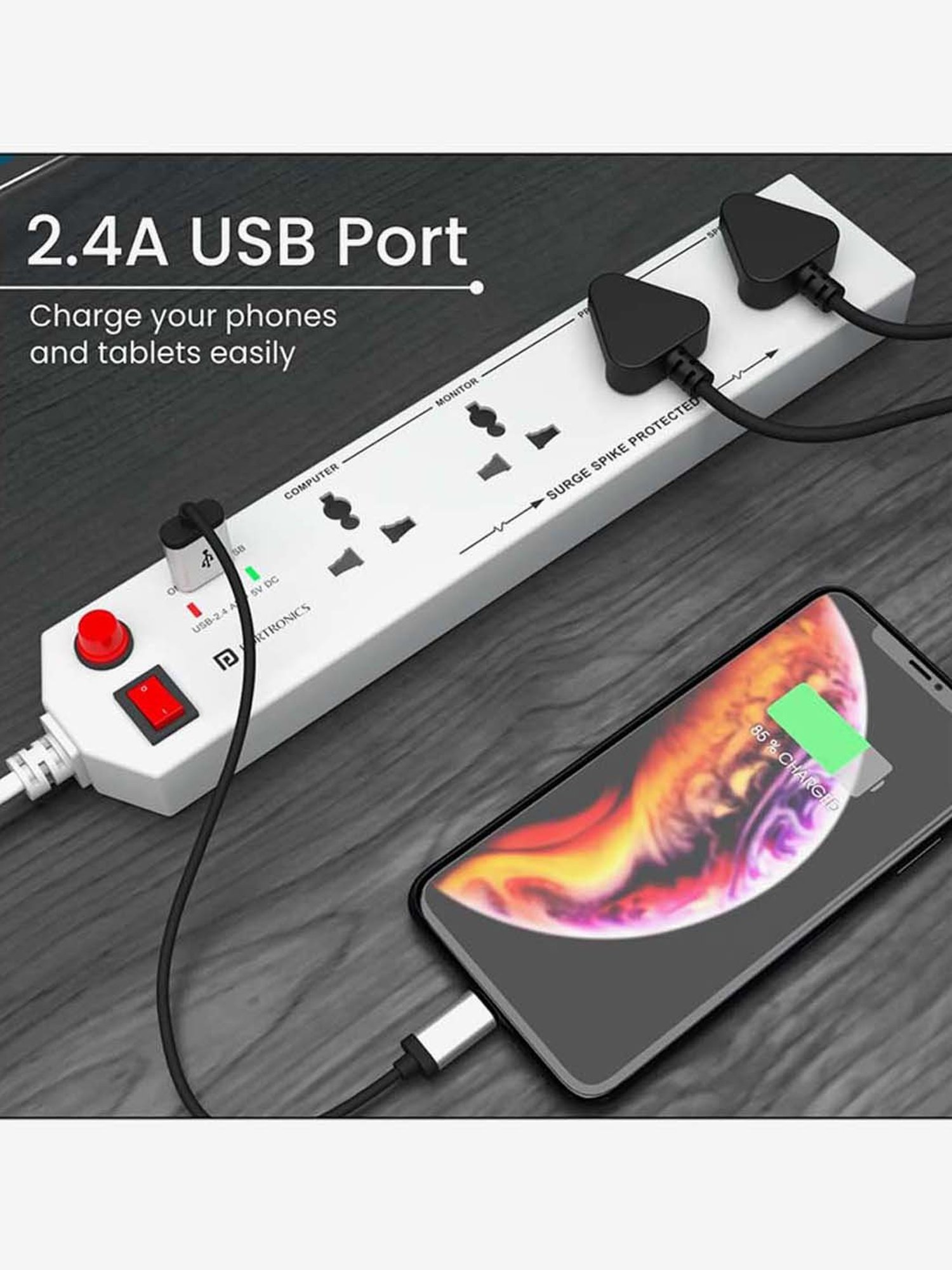 Portronics Power Plate 4 POR-1292 with 4 Power Sockets and USB Port Surge Protector (White)