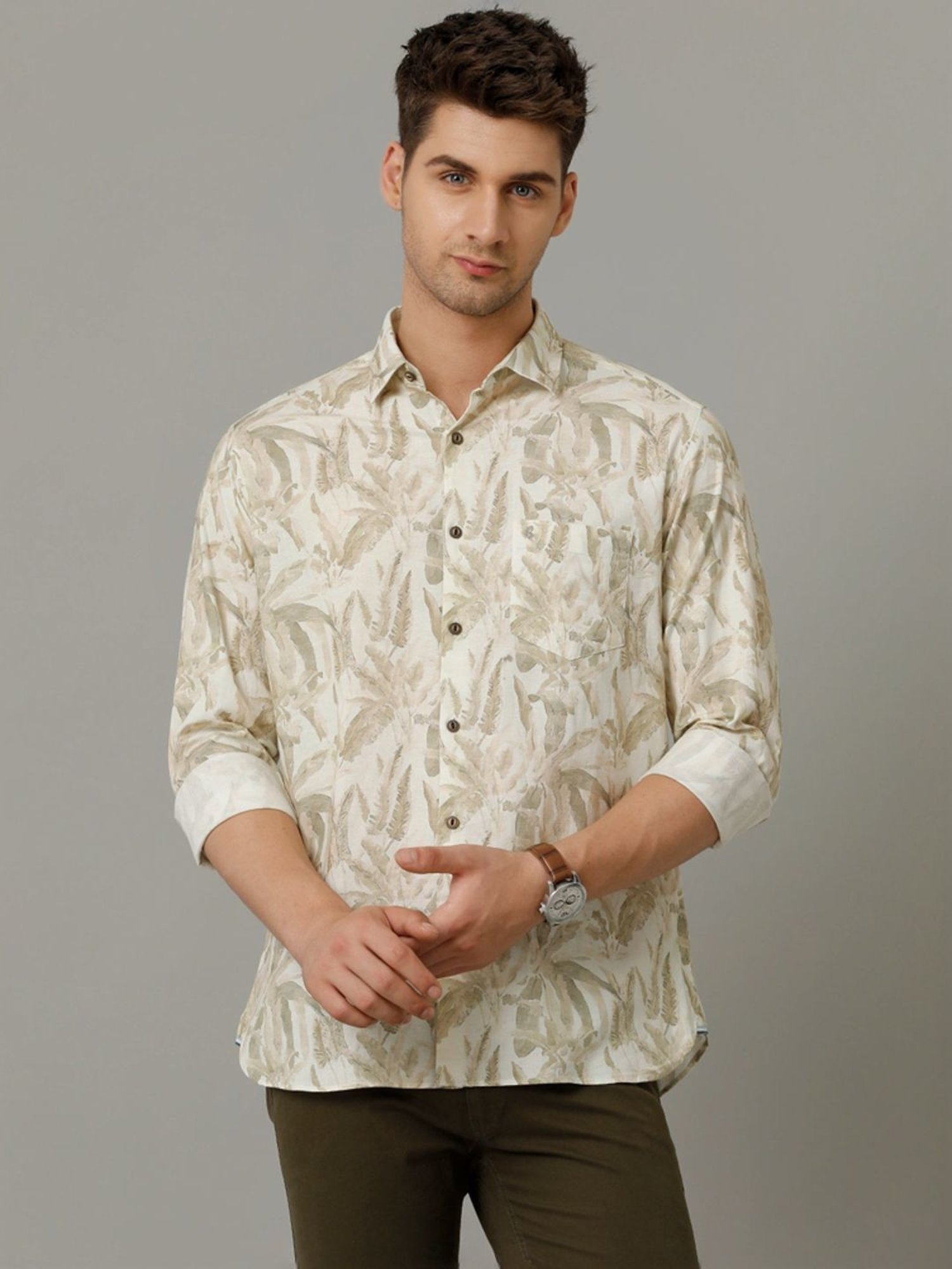 Cavallo By Linen Club Green Linen Contemporary Fit Printed Shirt