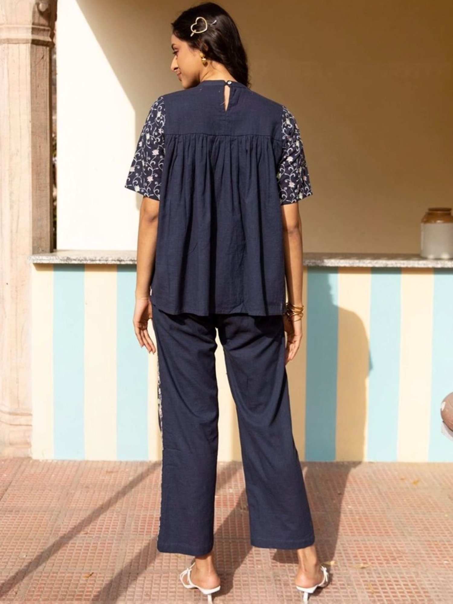 Autumnlane Blue Osho Azure Embroidery Cotton Tunic with Pant Co-ord Set