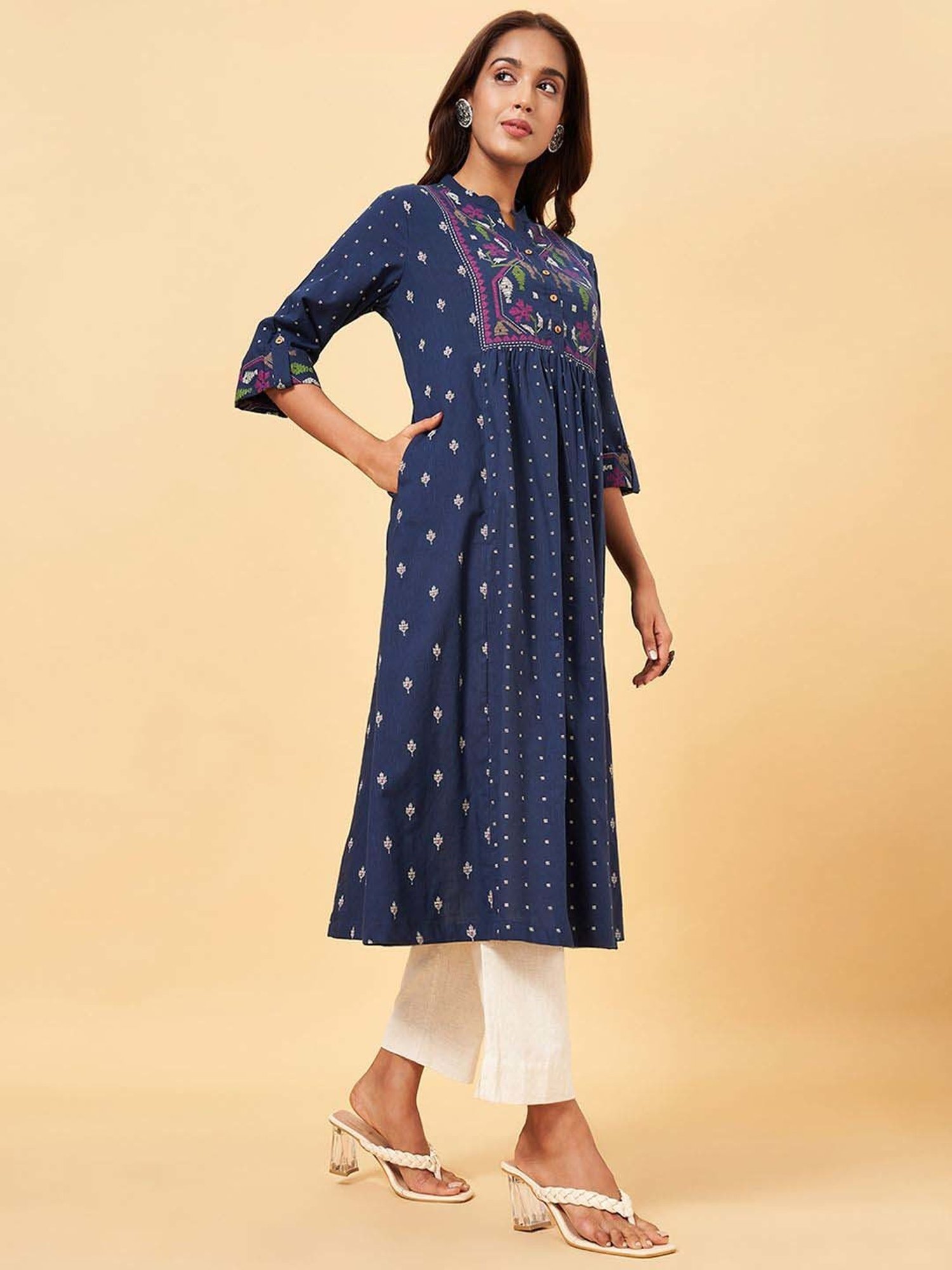Rangmanch by Pantaloons Navy Cotton Printed A Line Kurta